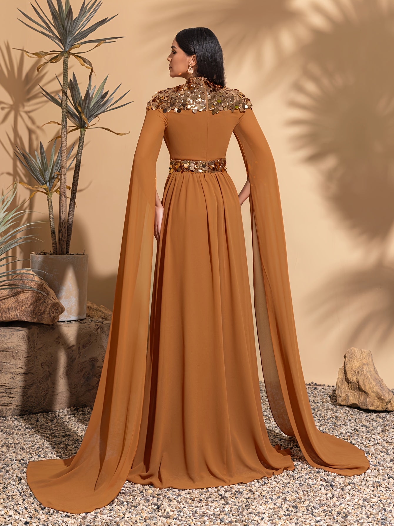 Elegant Sequin Party Dress Elegant Sequin Chiffon Long Sleeve Party Dress | Stand Collar Evening Gown | Sleek Long Sleeve Gown
