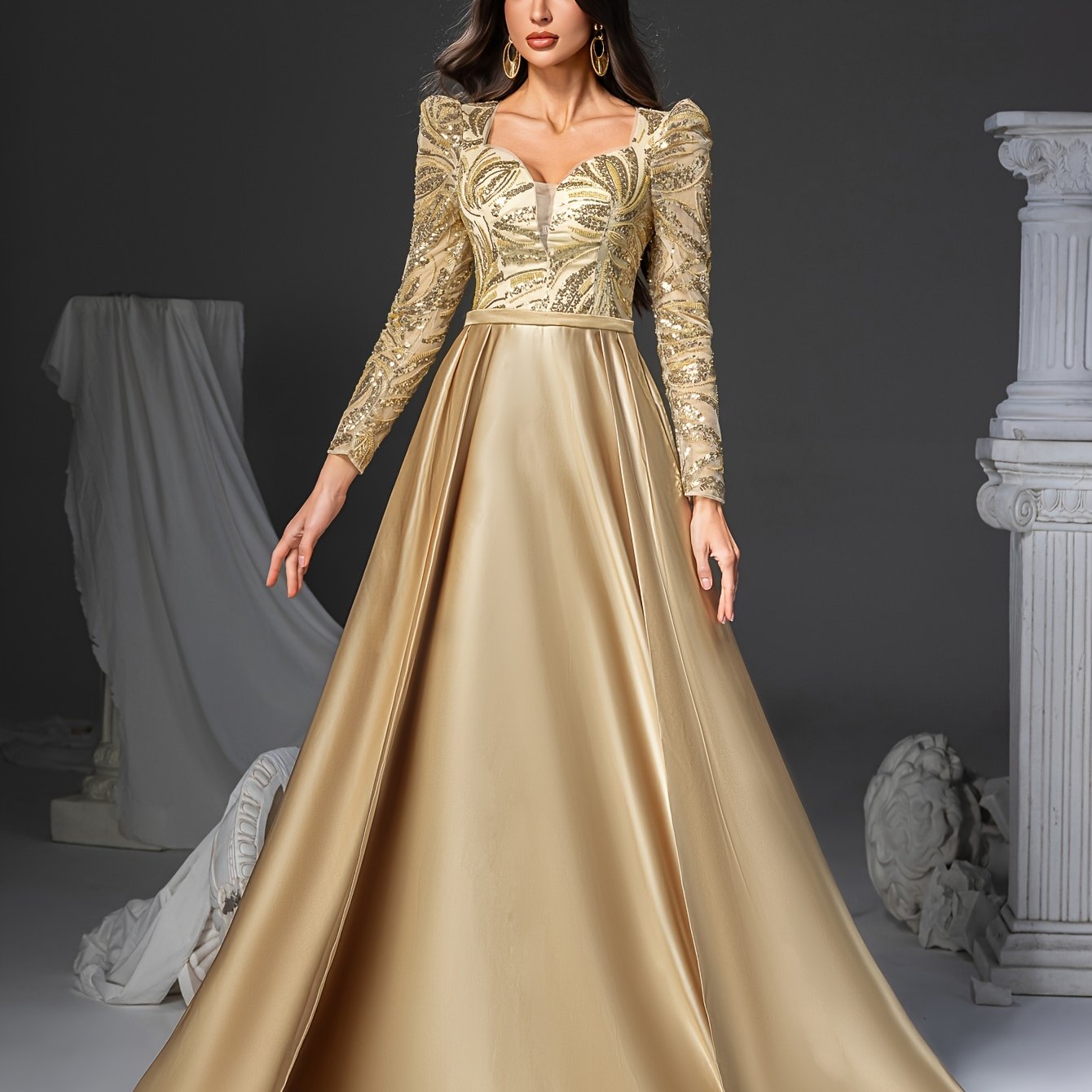 Golden Sequin Mermaid Dress Elegant Women's Golden Sequin Embellished Mermaid Dress | Long Sleeve V-Neck Formal Party Wedding Gown with Flowy Train | Hand Wash Only, Wedding Guest Attire, Sophisticated Fashion, Structured Bodice