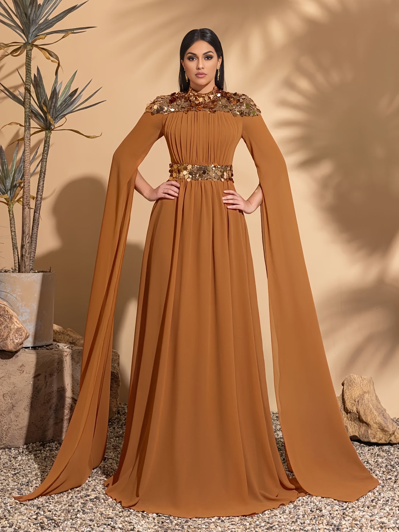 Elegant Sequin Party Dress Elegant Sequin Chiffon Long Sleeve Party Dress | Stand Collar Evening Gown | Sleek Long Sleeve Gown