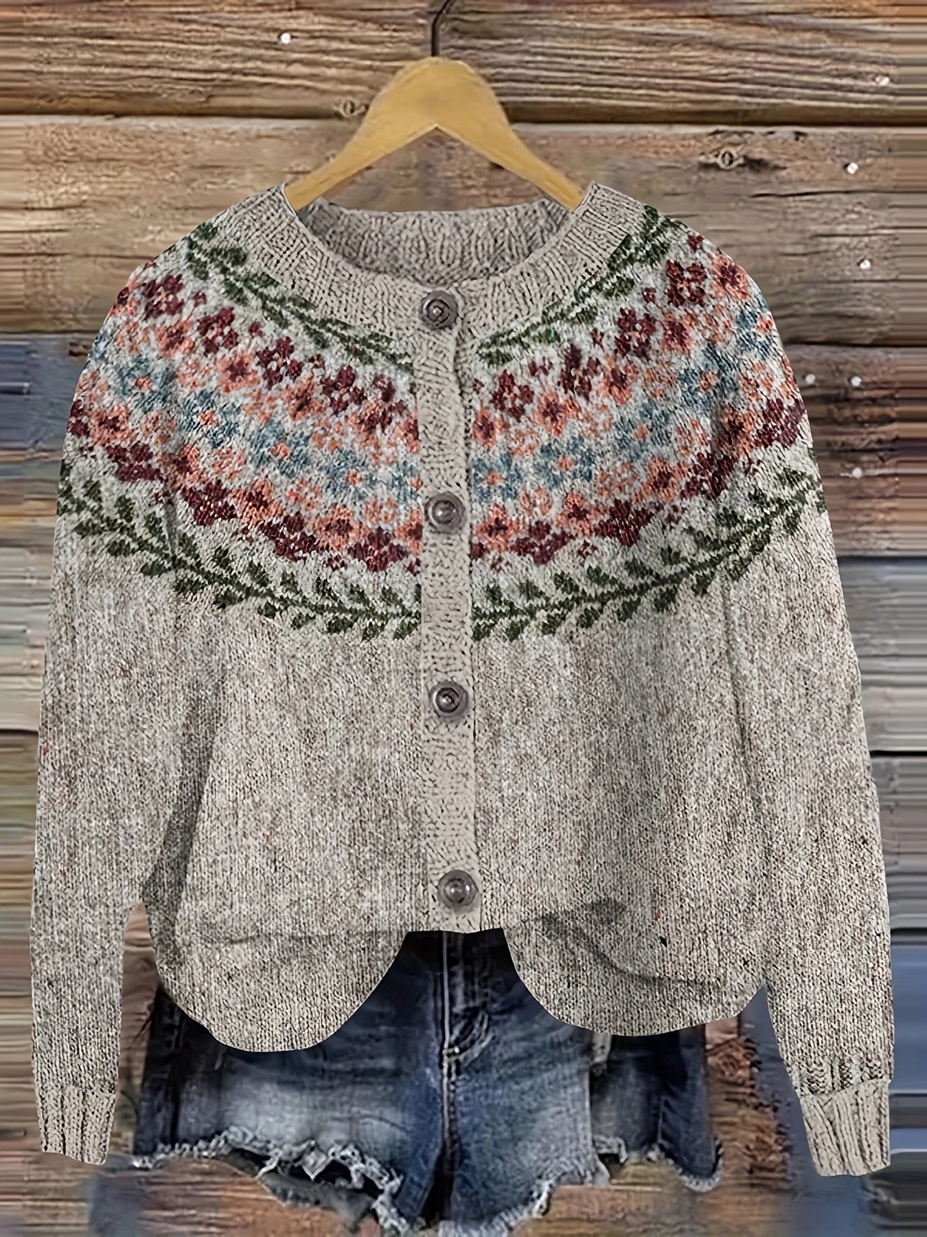 Women's Vintage Fair Isle Cardigan - Geometric Pattern Button-Front Sweater with Raglan Sleeves, Machine Washable Medium Stretch Round Neck Pullover for Fall Winter Layering, Cardigan Sweater, Fall Layering Piece, Retro Floral Pattern, Textured Knitwear
