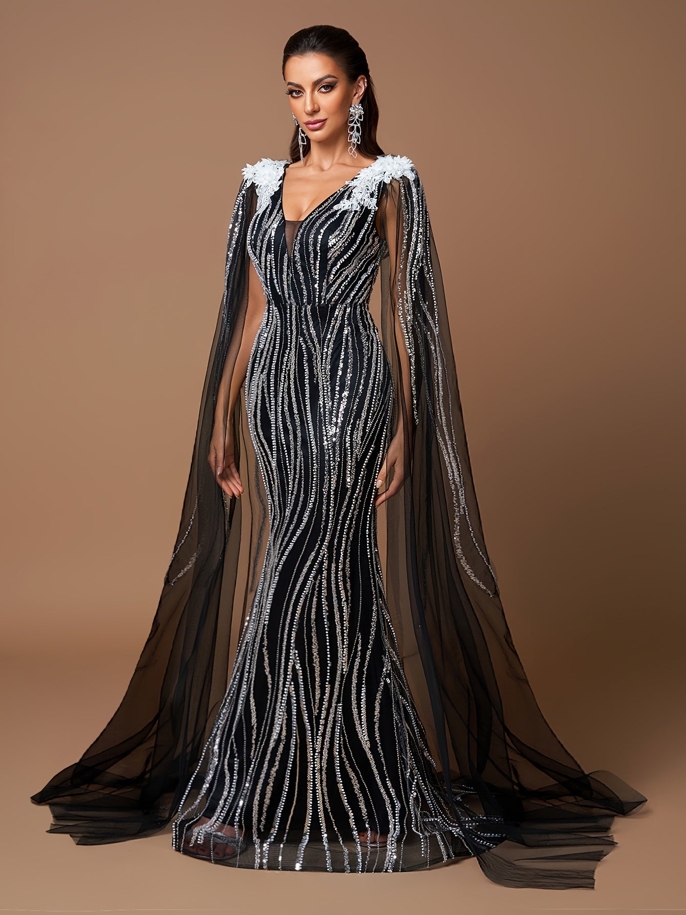 Elegant Black V-Neck Gown with White Floral Embellishments and Flowing Sleeves - Beaded Long Evening Dress for Women, Perfect for Formal Events, Formal Evening Wear | Sophisticated Style | Intricate Beadwork