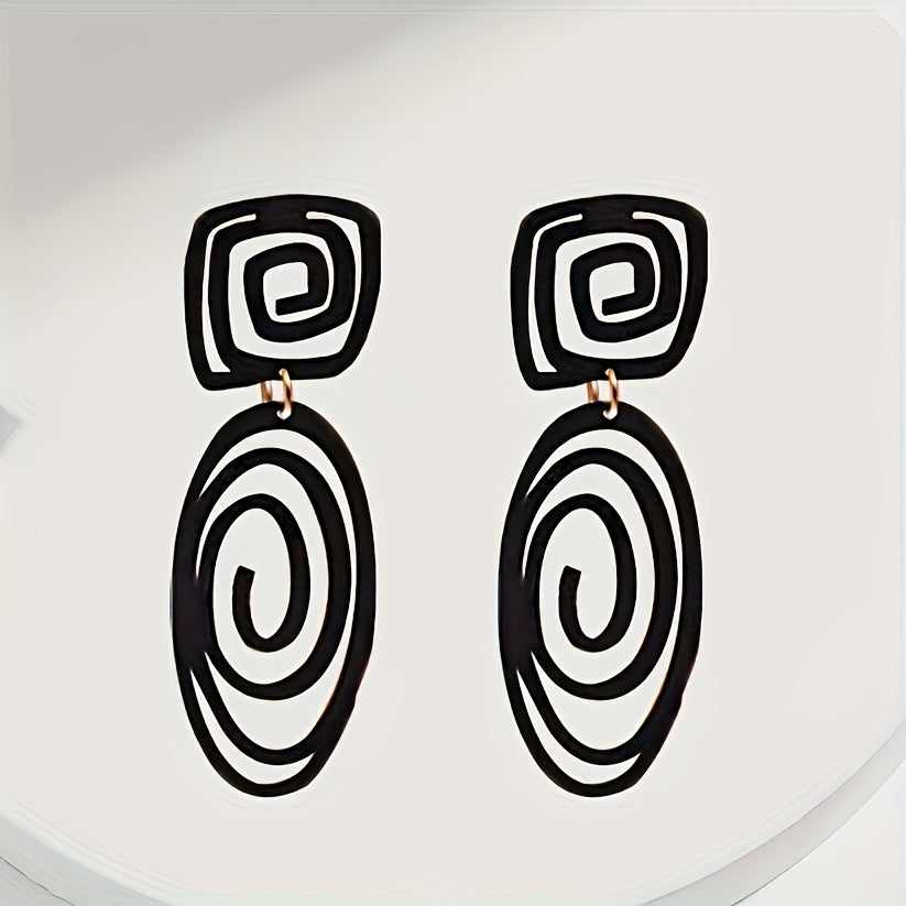 1 Pair Vintage Boho Earrings 1 Pair Vintage Boho Style Black Swirl Oval Square Dangle Earrings | Zinc Alloy Fashion Ear Accessories | Daily and Vacation Wear, All-Season Versatile Design