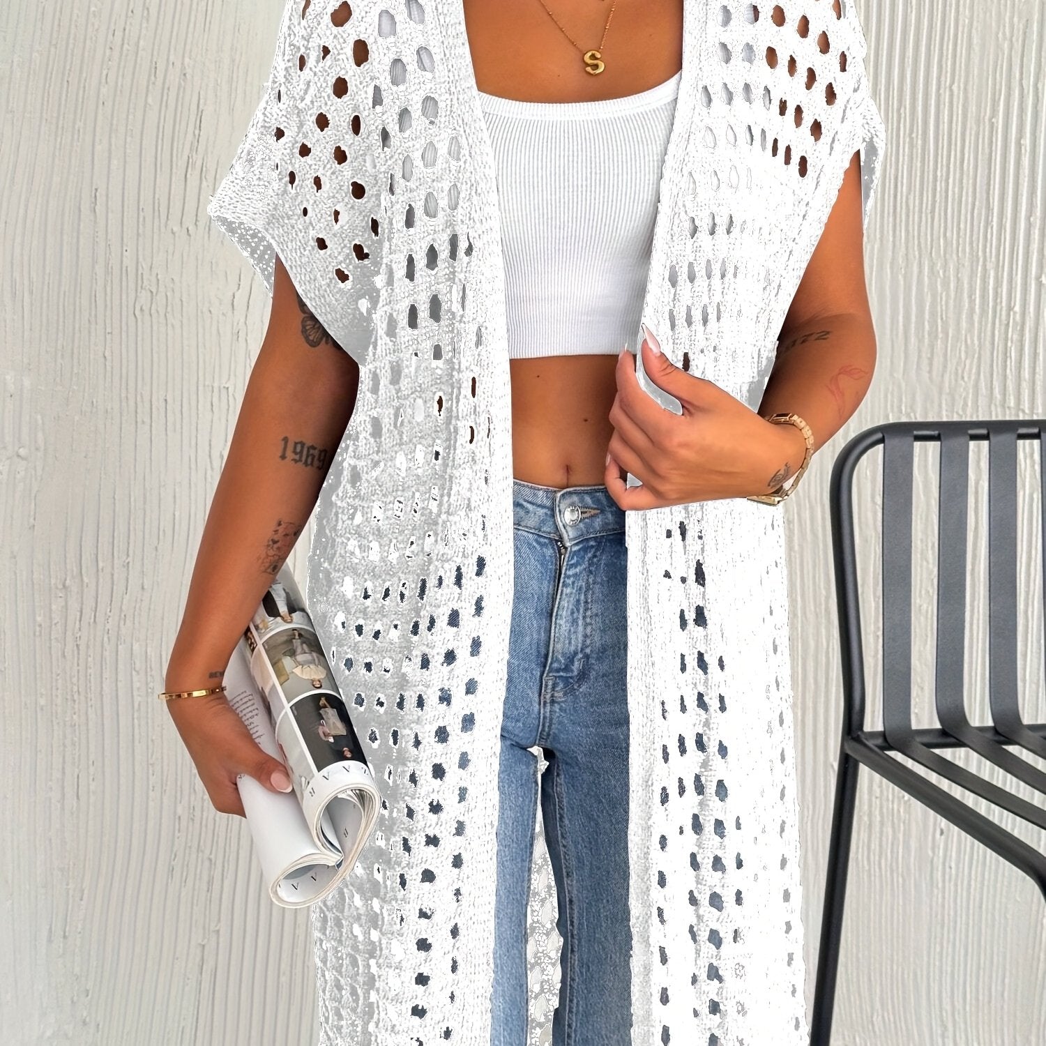 Crochet Lace Vest Sleeveless Long Beach Vest Women's Solid Color Crochet Lace Cardigan (Bikini Not Included)