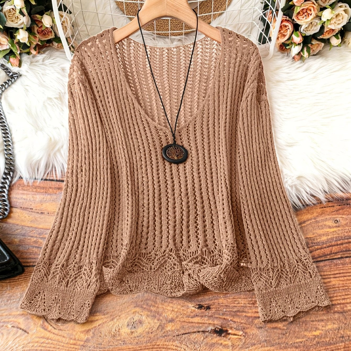Breathable Openwork Sweater Breathable Openwork Pullover Sweater for Women | Loose Fit Long Sleeve, Deep V-Neck Design, Elegant Casual & Formal Outfits, Spring\u002FSummer Fashion, Stylish Layering Piece