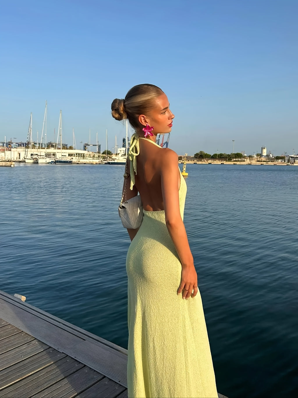Women'S Sexy Backless V-Neck Floral Knit Long Dress with High Waist and Side Slit - Perfect for Beach Vacations, Spring\u002FSummer Fashion, Sleeveless, Polyester Fabric, Long Sleeve Dress|Vneck Dress|Polyester Knit