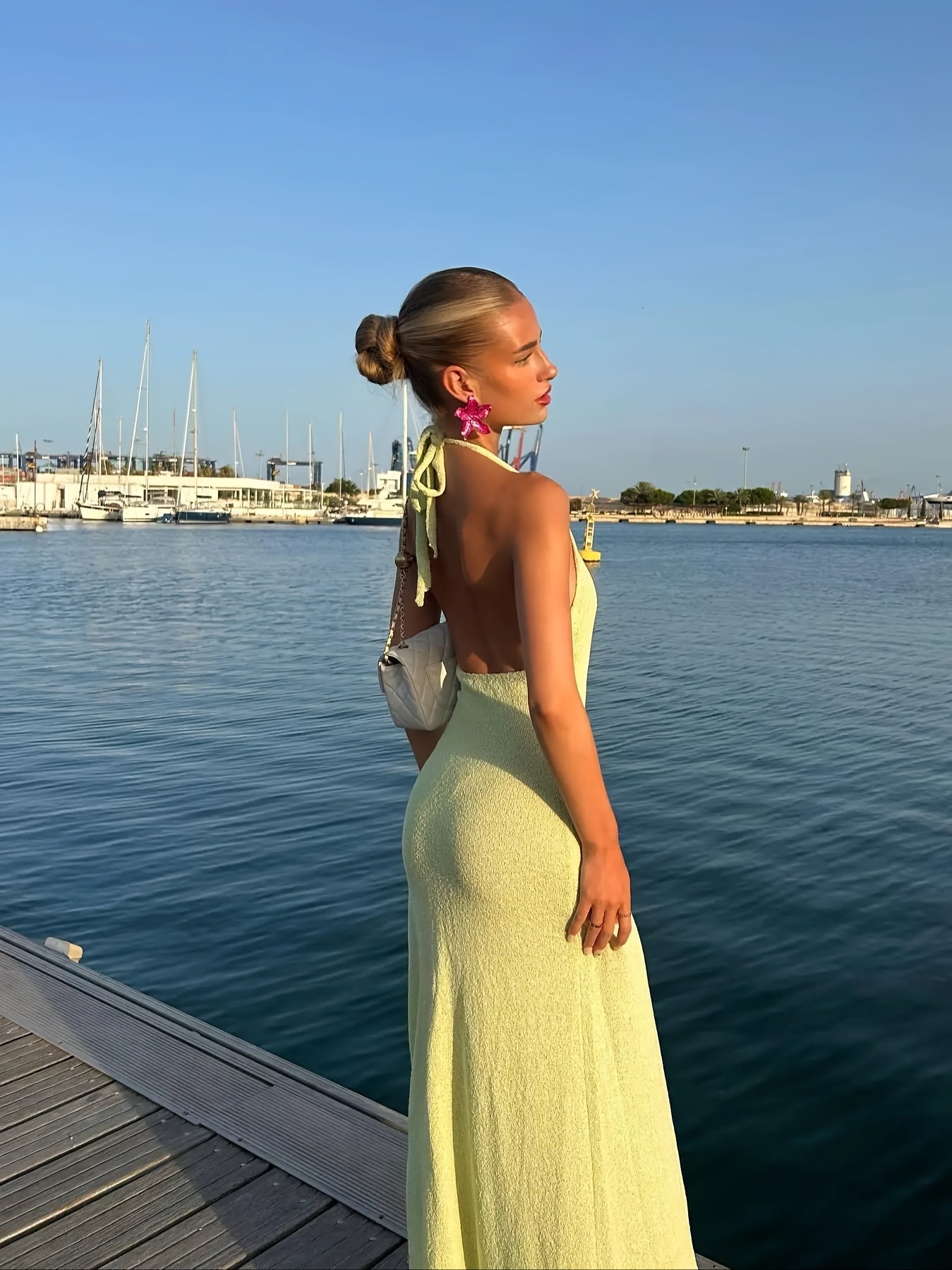 Women'S Sexy Backless V-Neck Floral Knit Long Dress with High Waist and Side Slit - Perfect for Beach Vacations, Spring\u002FSummer Fashion, Sleeveless, Polyester Fabric, Long Sleeve Dress|Vneck Dress|Polyester Knit