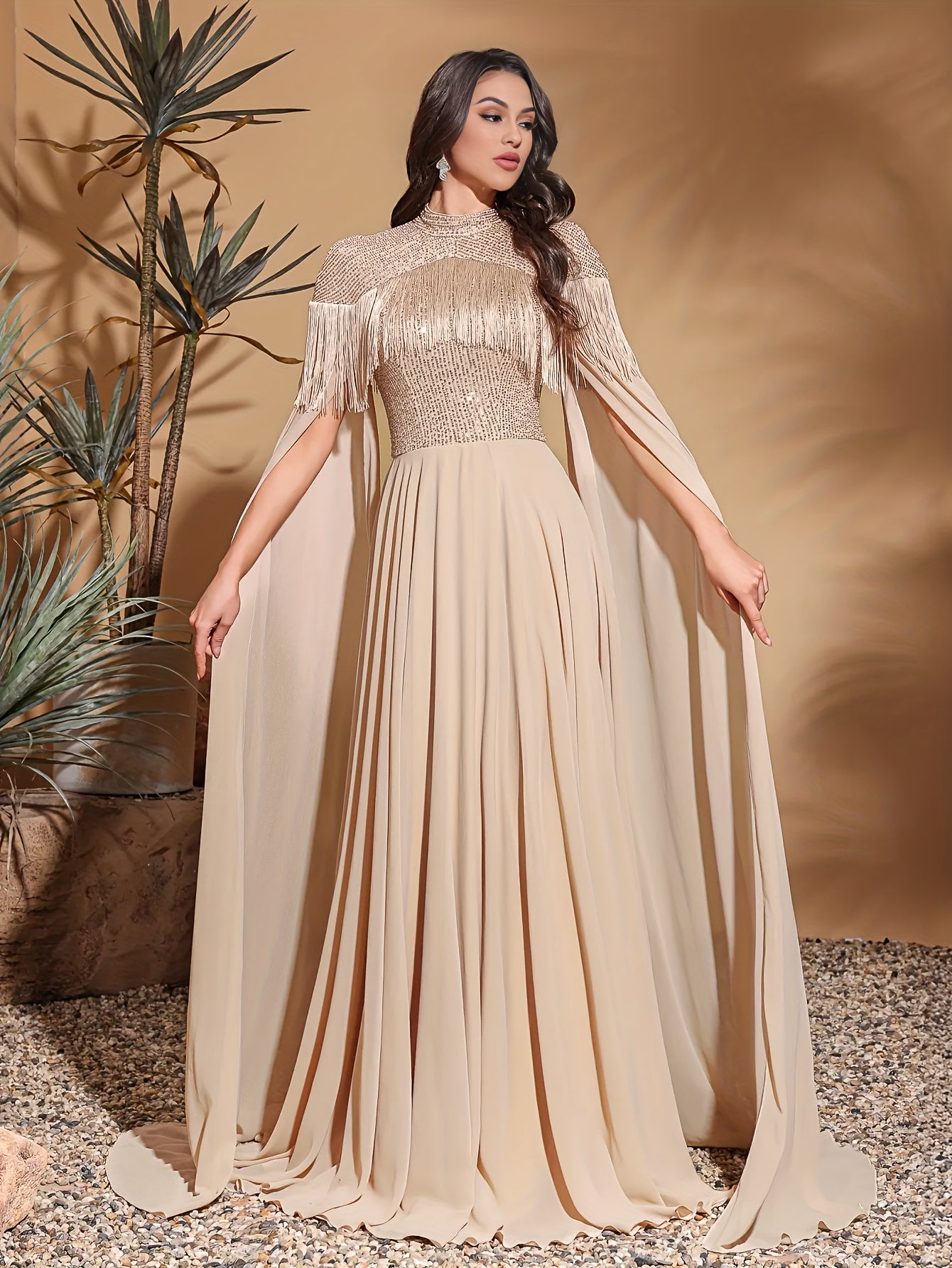 Elegant Chiffon Long Gown with Sequin Detail, Floor-Length Sleeves, and Tassel Detail - Beige, Polyester, Adult, Formal Event, Party Dres