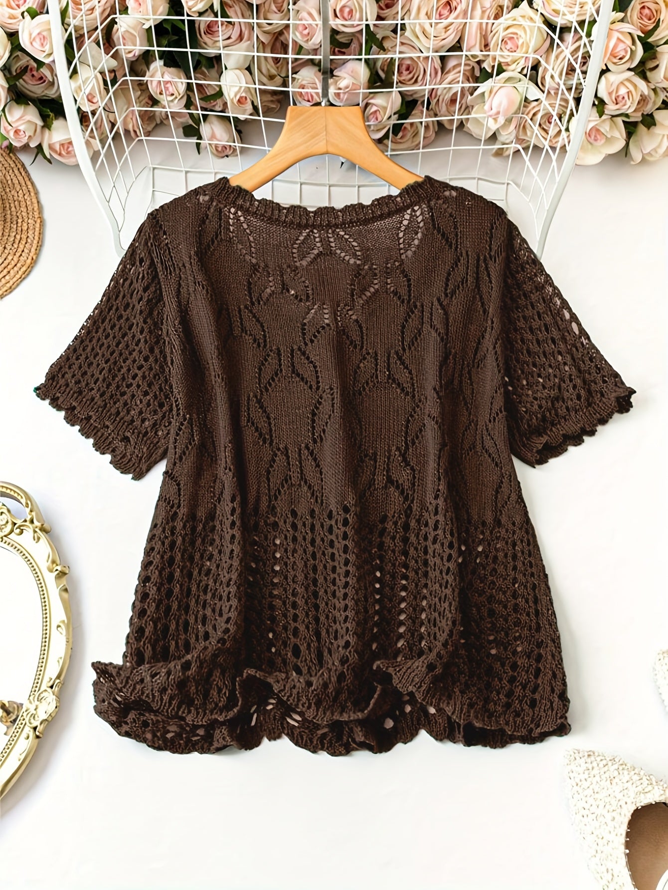 Women's Lightweight Cardigan with Lace Cut-Outs & Pearl Buttons - Relaxed Fit Short Sleeve Spring Summer Casual Sweater, Machine Washable Semi-Sheer H-Line Silhouette, Short Sleeve Cardigan