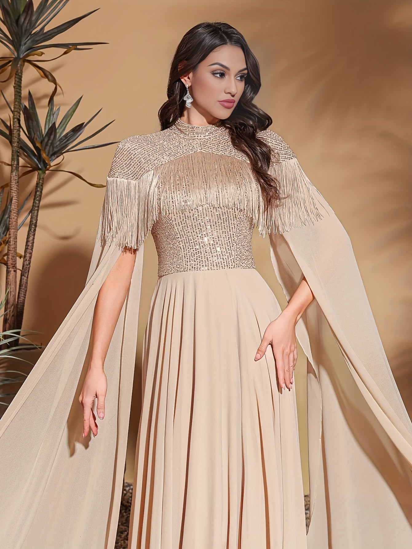 Elegant Chiffon Long Gown with Sequin Detail, Floor-Length Sleeves, and Tassel Detail - Beige, Polyester, Adult, Formal Event, Party Dres