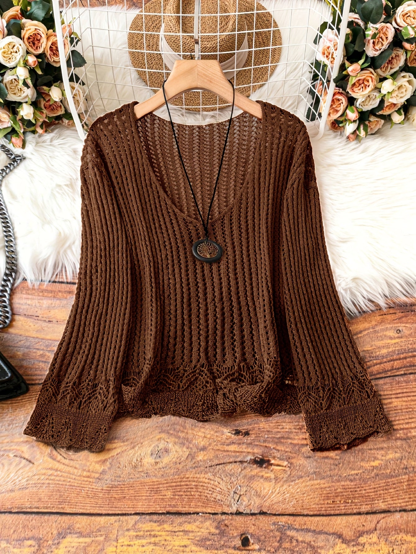 Breathable Openwork Sweater Breathable Openwork Pullover Sweater for Women | Loose Fit Long Sleeve, Deep V-Neck Design, Elegant Casual & Formal Outfits, Spring\u002FSummer Fashion, Stylish Layering Piece