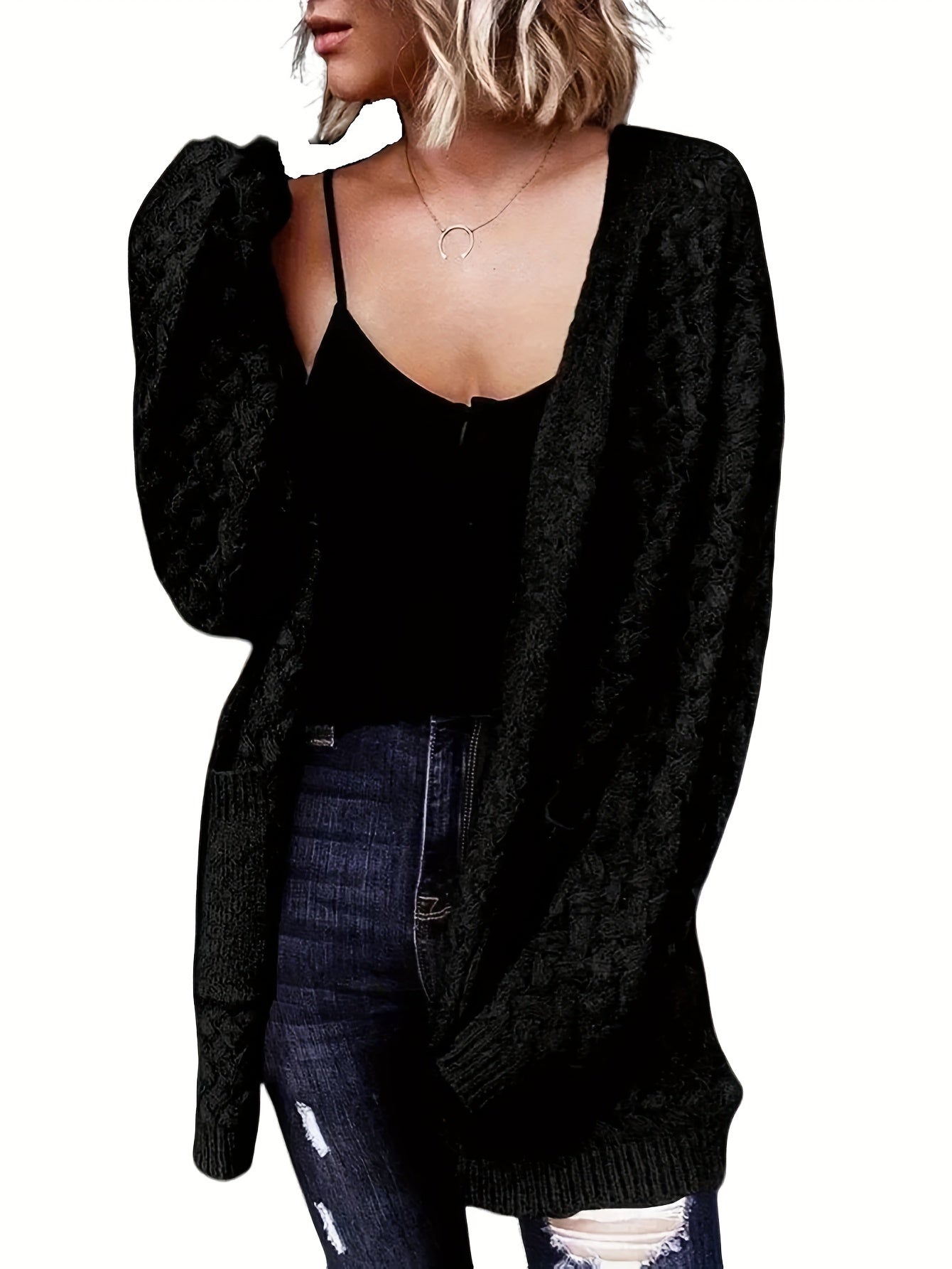 Women's Casual Longline Cardigan with Cross-Over Front Design - Open Front Button-Up Machine-Washable Sweater for Fall\u002FWinter Layering, Solid Color, Cardigan, Cozy Fall Apparel, Textured Knitwear