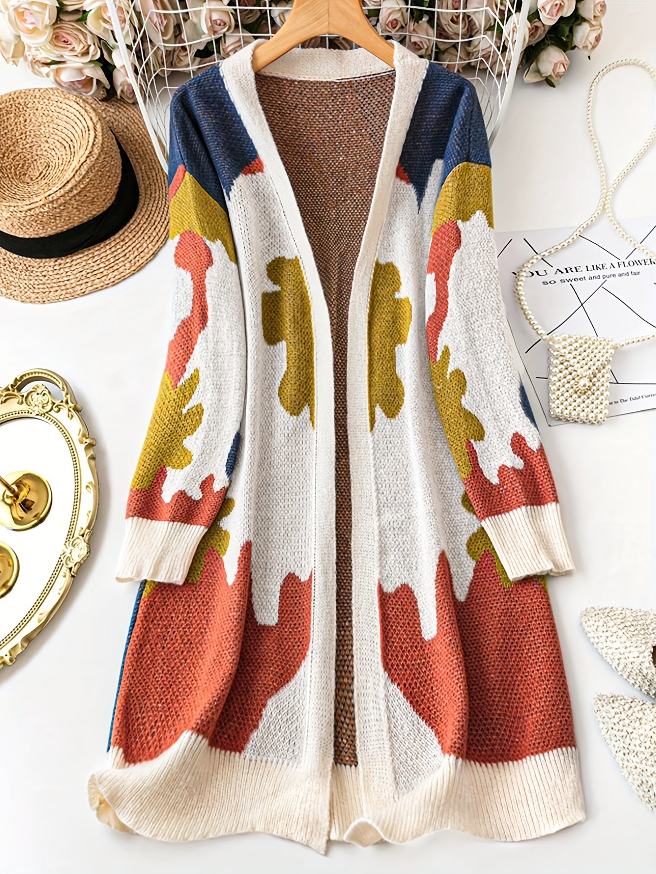 Casual Color-Block Cardigan Women's Casual Color-Block V-Neck Cardigan | Long Sleeve, Open Front, Beige, Navy Blue, Yellow, Red & White, Medium Stretch, Perfect for Fall\u002FWinter, Autumn Winter Cardigan | Vneck Cardigan | Texture
