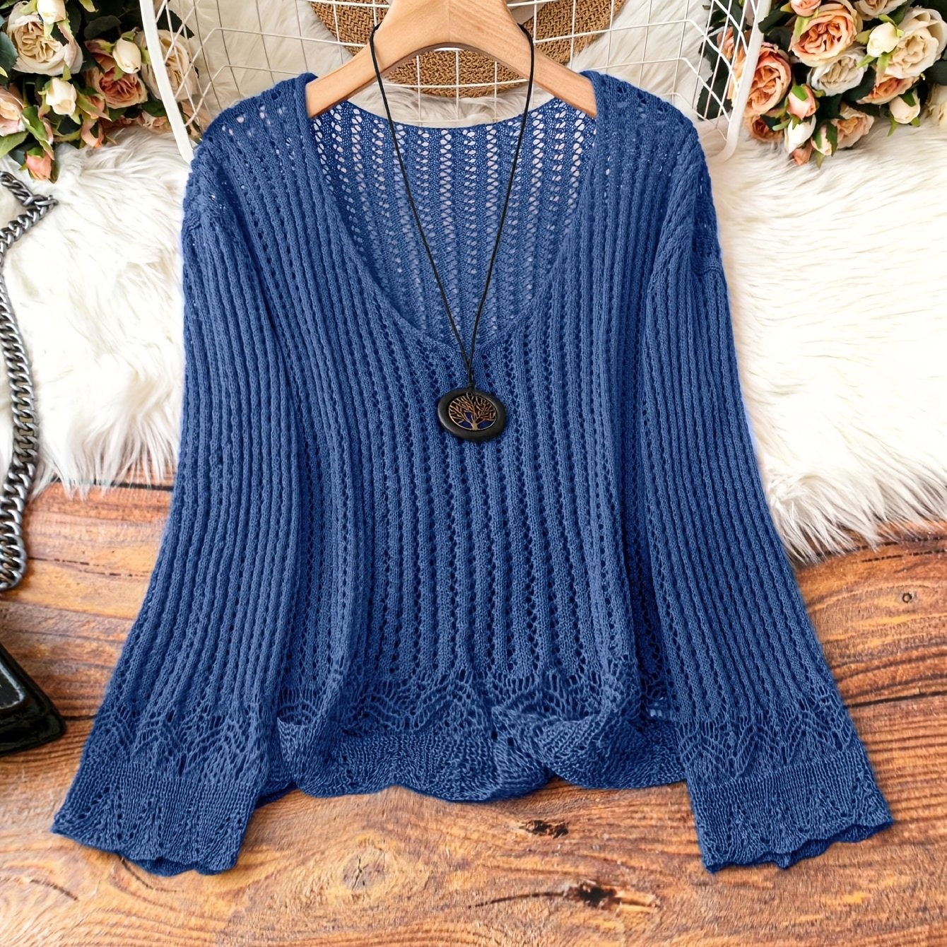Breathable Openwork Sweater Breathable Openwork Pullover Sweater for Women | Loose Fit Long Sleeve, Deep V-Neck Design, Elegant Casual & Formal Outfits, Spring\u002FSummer Fashion, Stylish Layering Piece