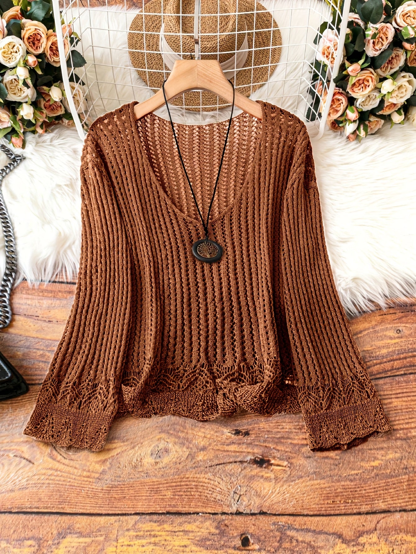 Breathable Openwork Sweater Breathable Openwork Pullover Sweater for Women | Loose Fit Long Sleeve, Deep V-Neck Design, Elegant Casual & Formal Outfits, Spring\u002FSummer Fashion, Stylish Layering Piece