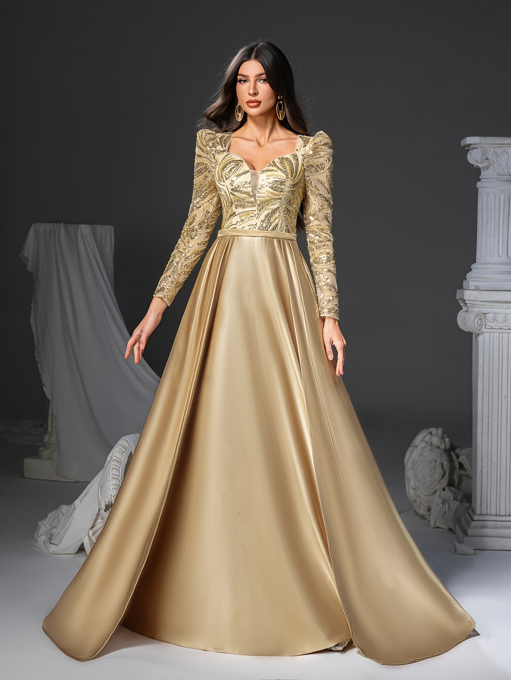 Golden Sequin Mermaid Dress Elegant Women's Golden Sequin Embellished Mermaid Dress | Long Sleeve V-Neck Formal Party Wedding Gown with Flowy Train | Hand Wash Only, Wedding Guest Attire, Sophisticated Fashion, Structured Bodice