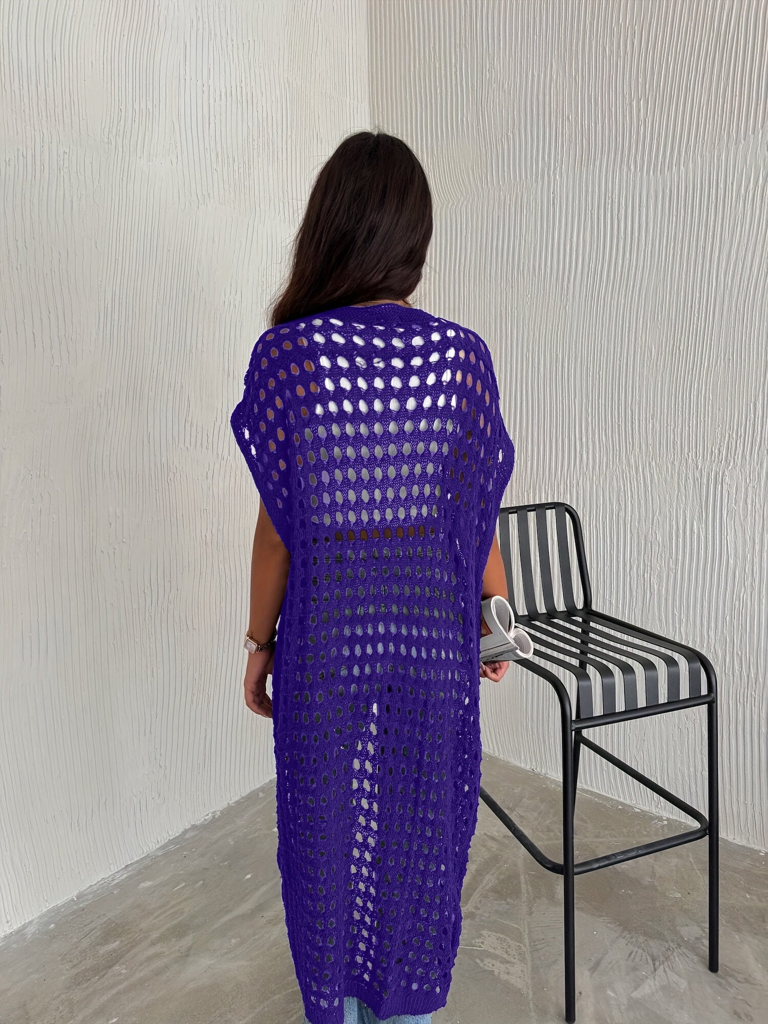 Crochet Lace Vest Sleeveless Long Beach Vest Women's Solid Color Crochet Lace Cardigan (Bikini Not Included)