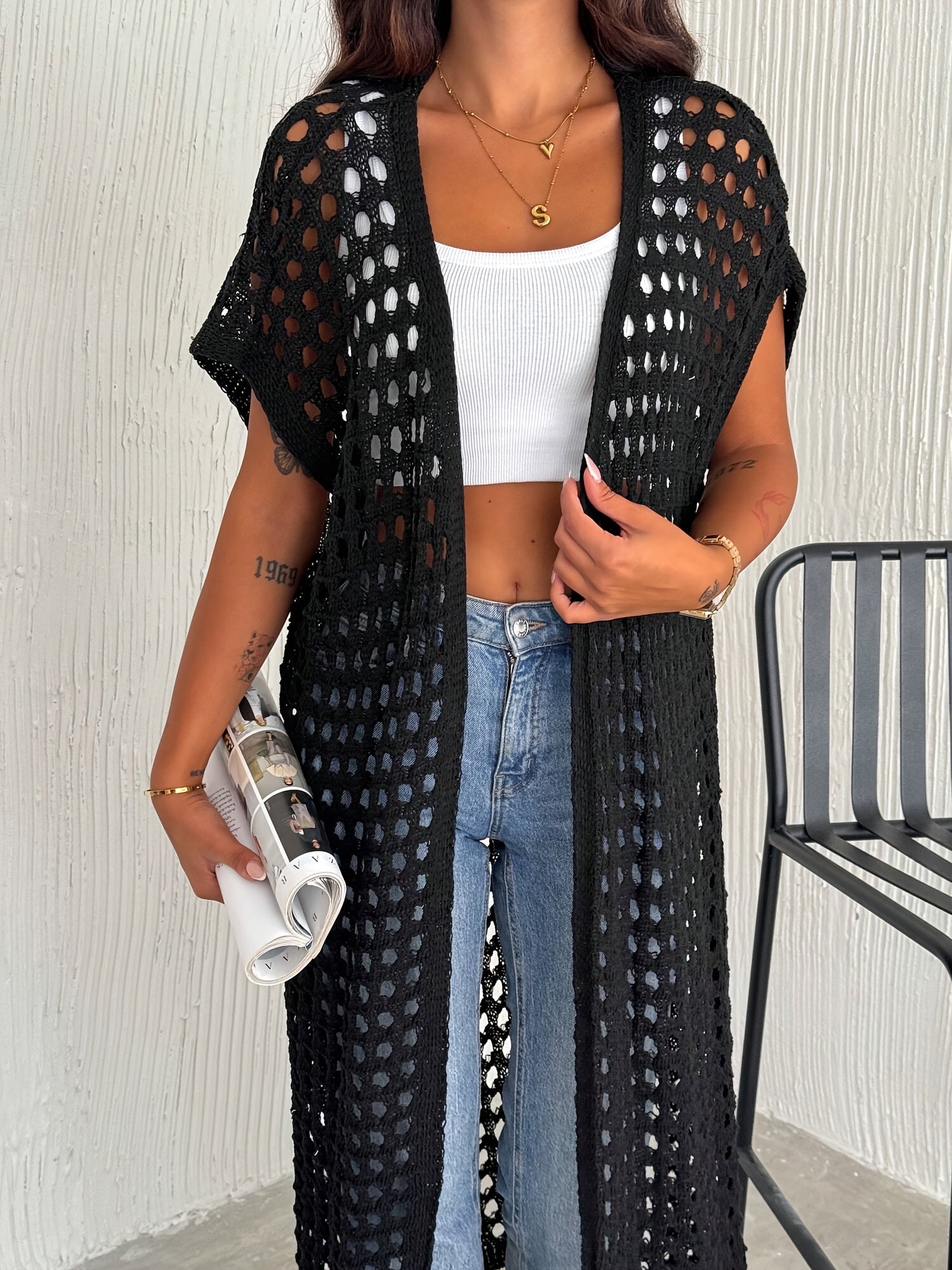 Crochet Lace Vest Sleeveless Long Beach Vest Women's Solid Color Crochet Lace Cardigan (Bikini Not Included)