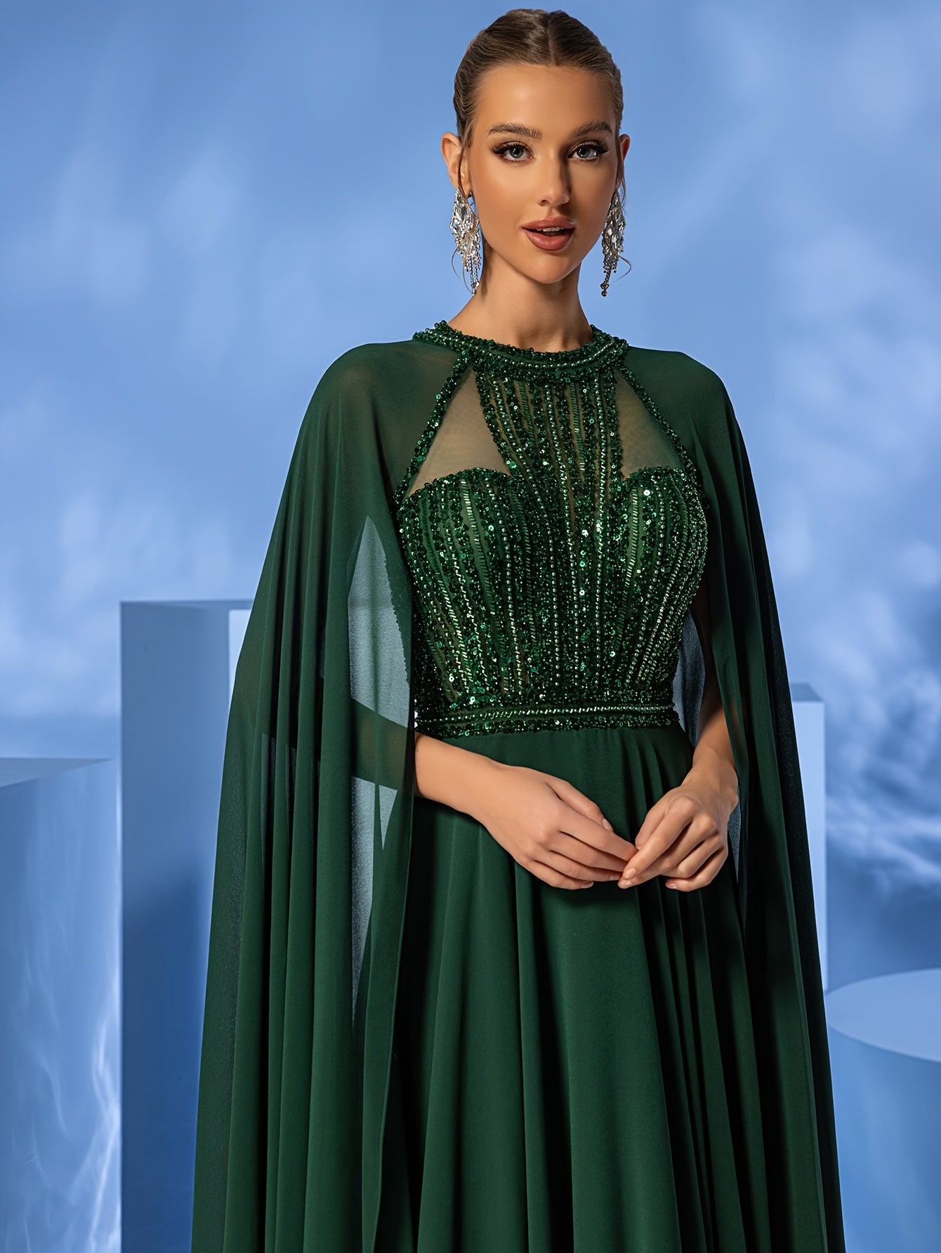 Women's Elegant Formal Evening Gown - Elegant Prom, Wedding, Graduation Party dress with Long Train, Formal event cape gown for Women - Luxury Gala Attire, Highneck Design, Sophisticated Construction, Bridal Wear