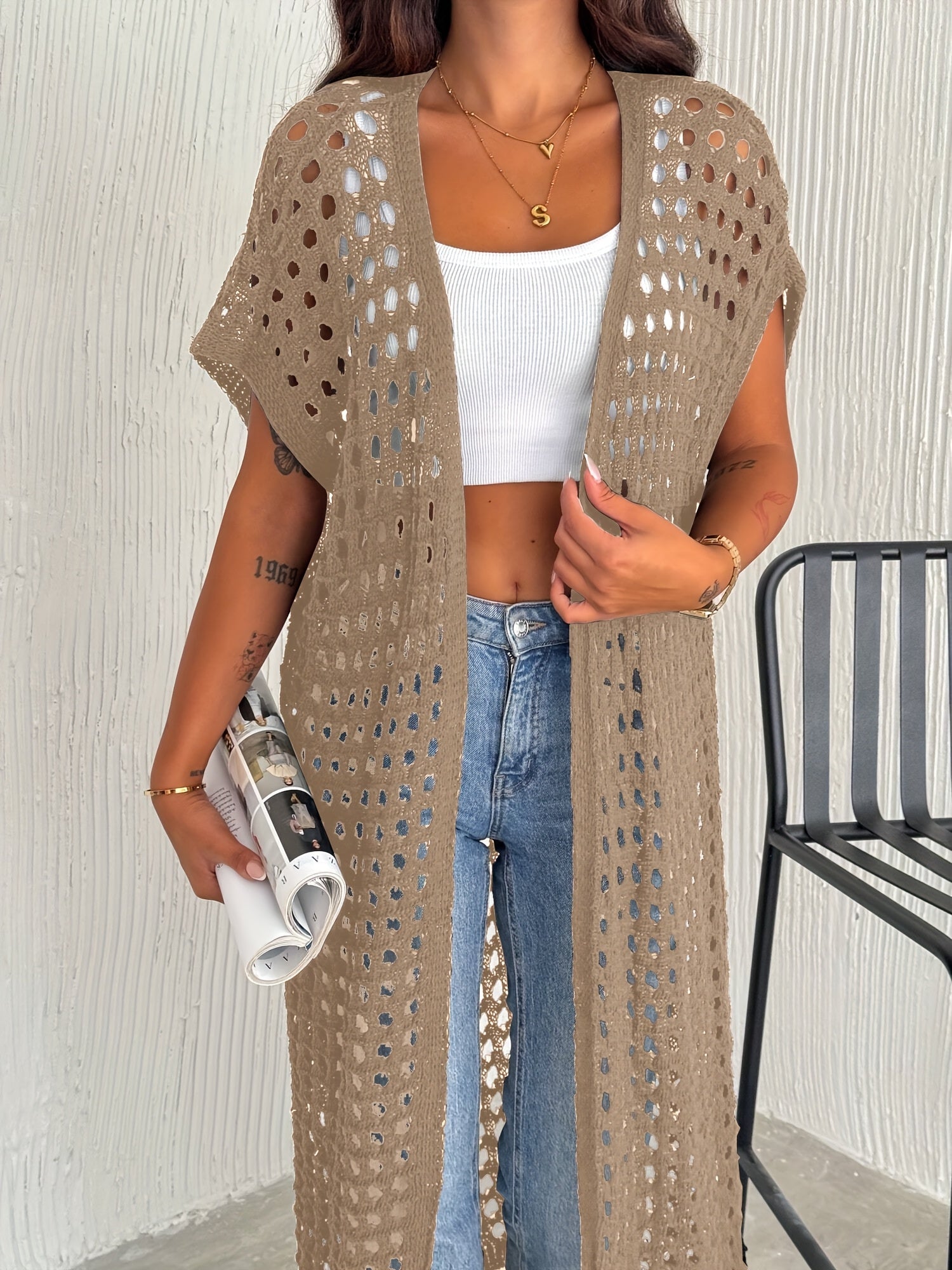 Crochet Lace Vest Sleeveless Long Beach Vest Women's Solid Color Crochet Lace Cardigan (Bikini Not Included)