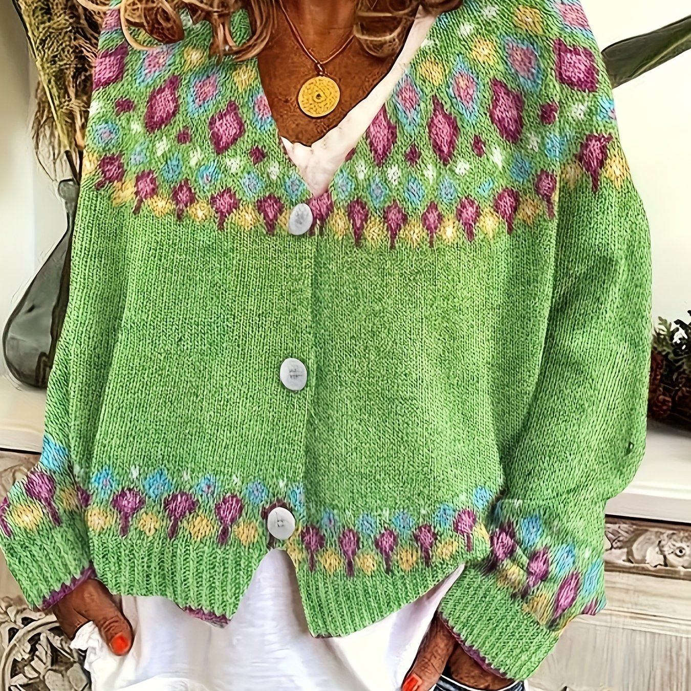 Stylish Green & Multicolor Geometric Pattern Knit Cardigan - Casual V-Neck, Polyester, Ideal for Fall\u002FWinter, Ladies Cardigans