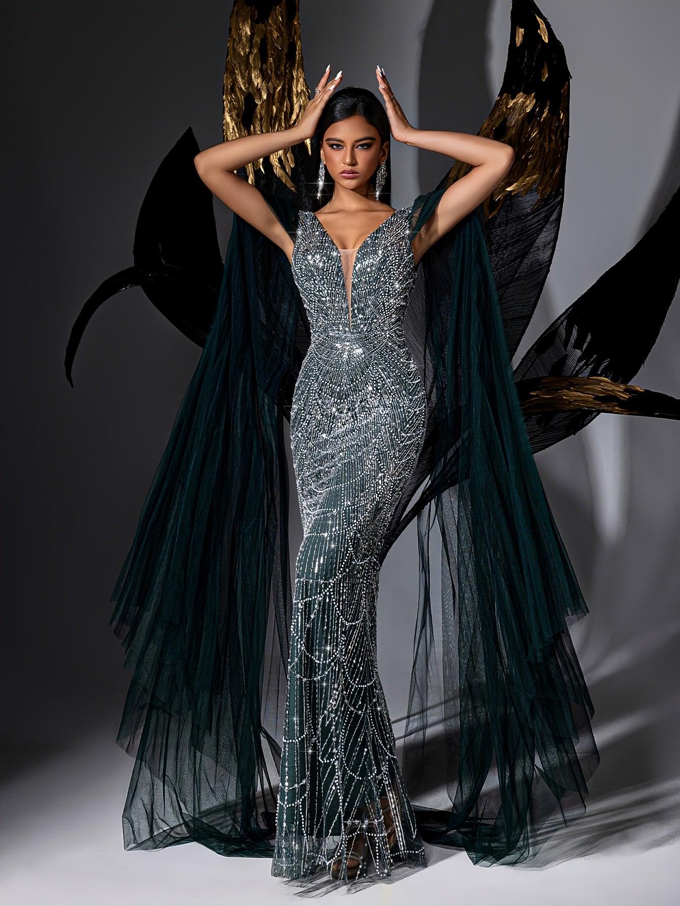 Evening Dress Women's Mesh Shawl Deep V-Neck Bodycon High-Waisted Long Train Skirt Suitable for Banquet Party