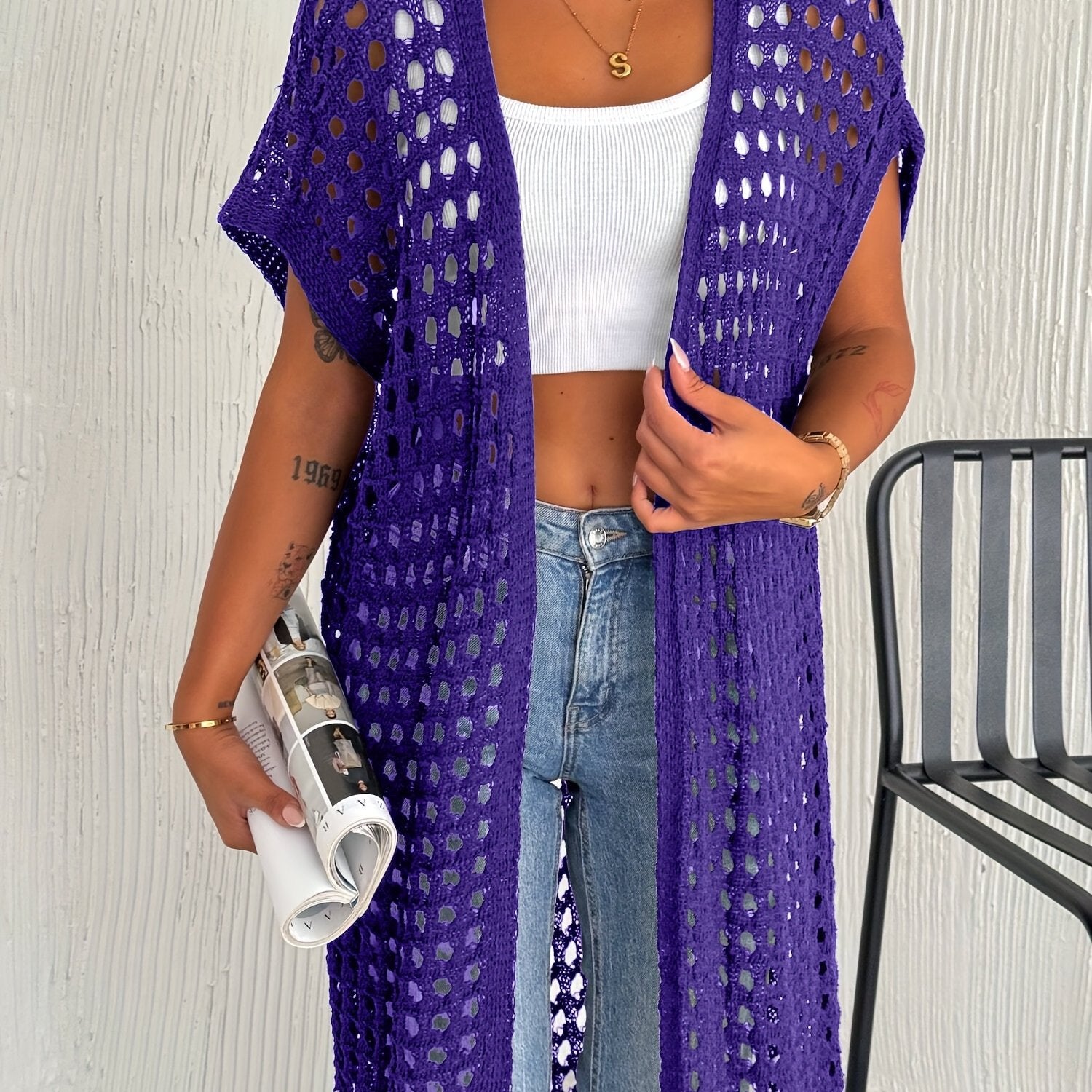 Crochet Lace Vest Sleeveless Long Beach Vest Women's Solid Color Crochet Lace Cardigan (Bikini Not Included)