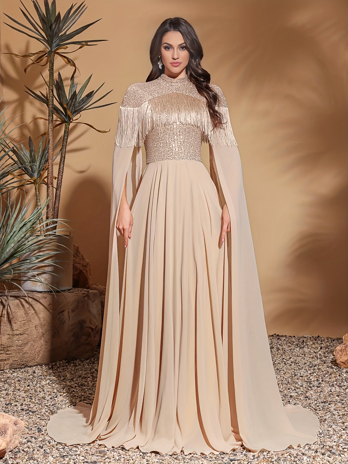 Elegant Chiffon Long Gown with Sequin Detail, Floor-Length Sleeves, and Tassel Detail - Beige, Polyester, Adult, Formal Event, Party Dres