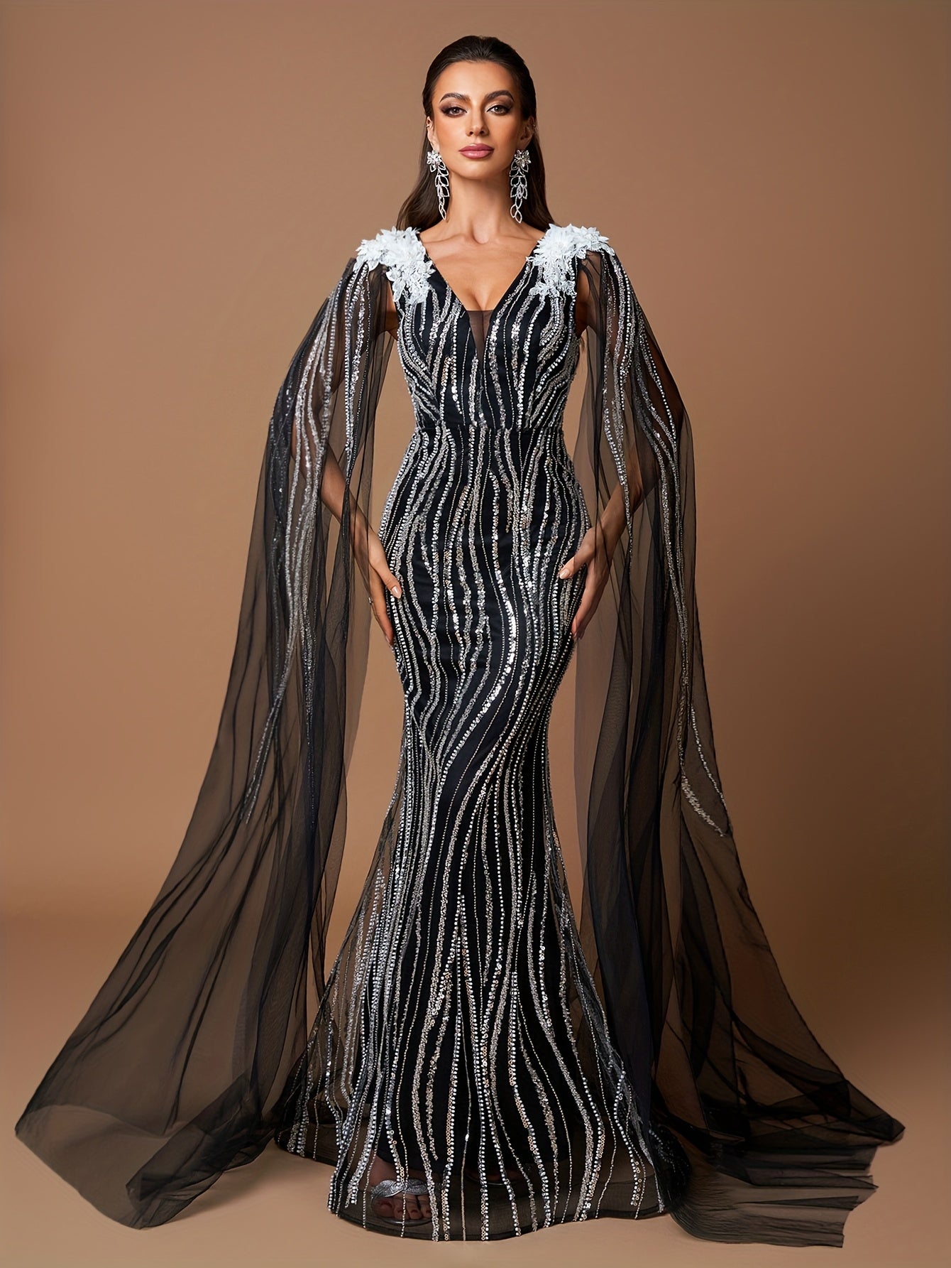 Elegant Black V-Neck Gown with White Floral Embellishments and Flowing Sleeves - Beaded Long Evening Dress for Women, Perfect for Formal Events, Formal Evening Wear | Sophisticated Style | Intricate Beadwork