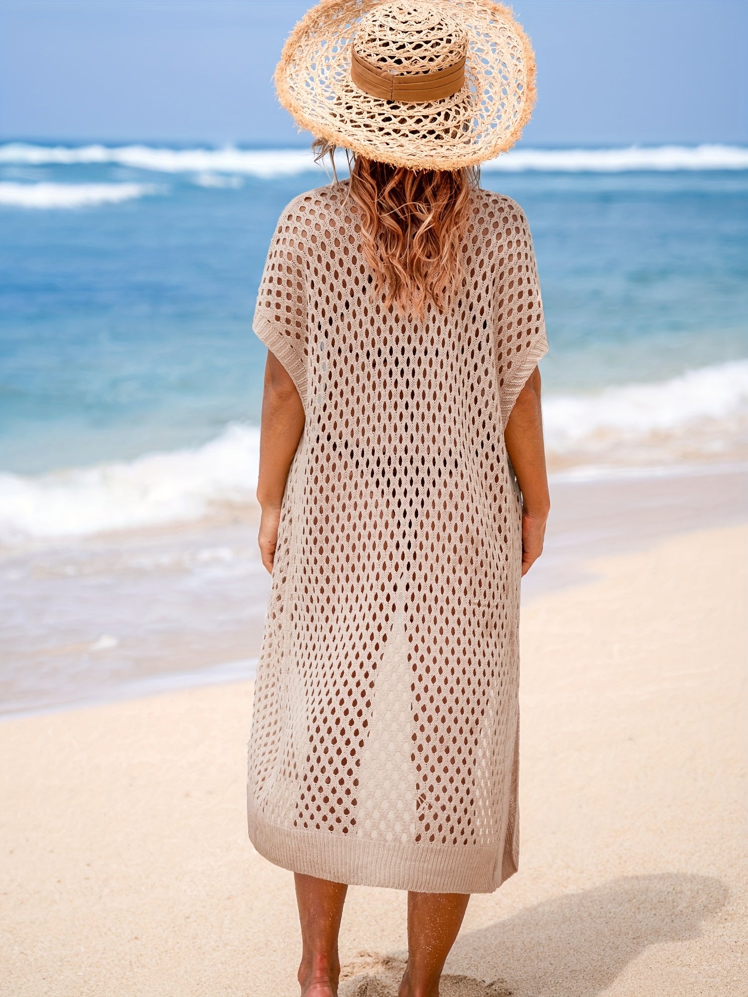 Women's Long V-Neck Crochet Cover-Up Cardigan - Lightweight Beachwear, Sheer Knit Design, Batwing Sleeves, Perfect for Summer Vacations, Summer Swimwear, Vneck Cardigan, Stylish Swimwear