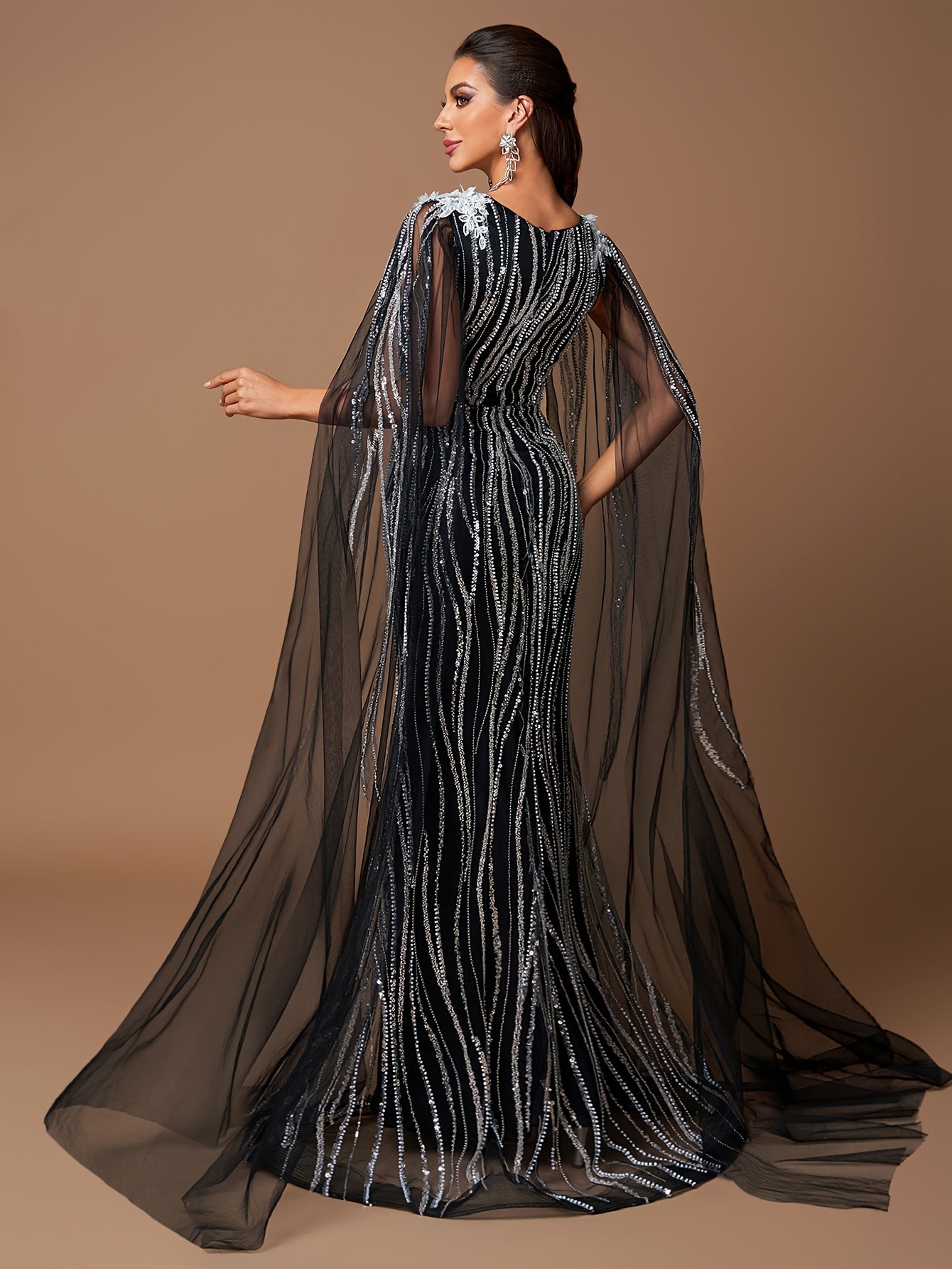 Elegant Black V-Neck Gown with White Floral Embellishments and Flowing Sleeves - Beaded Long Evening Dress for Women, Perfect for Formal Events, Formal Evening Wear | Sophisticated Style | Intricate Beadwork
