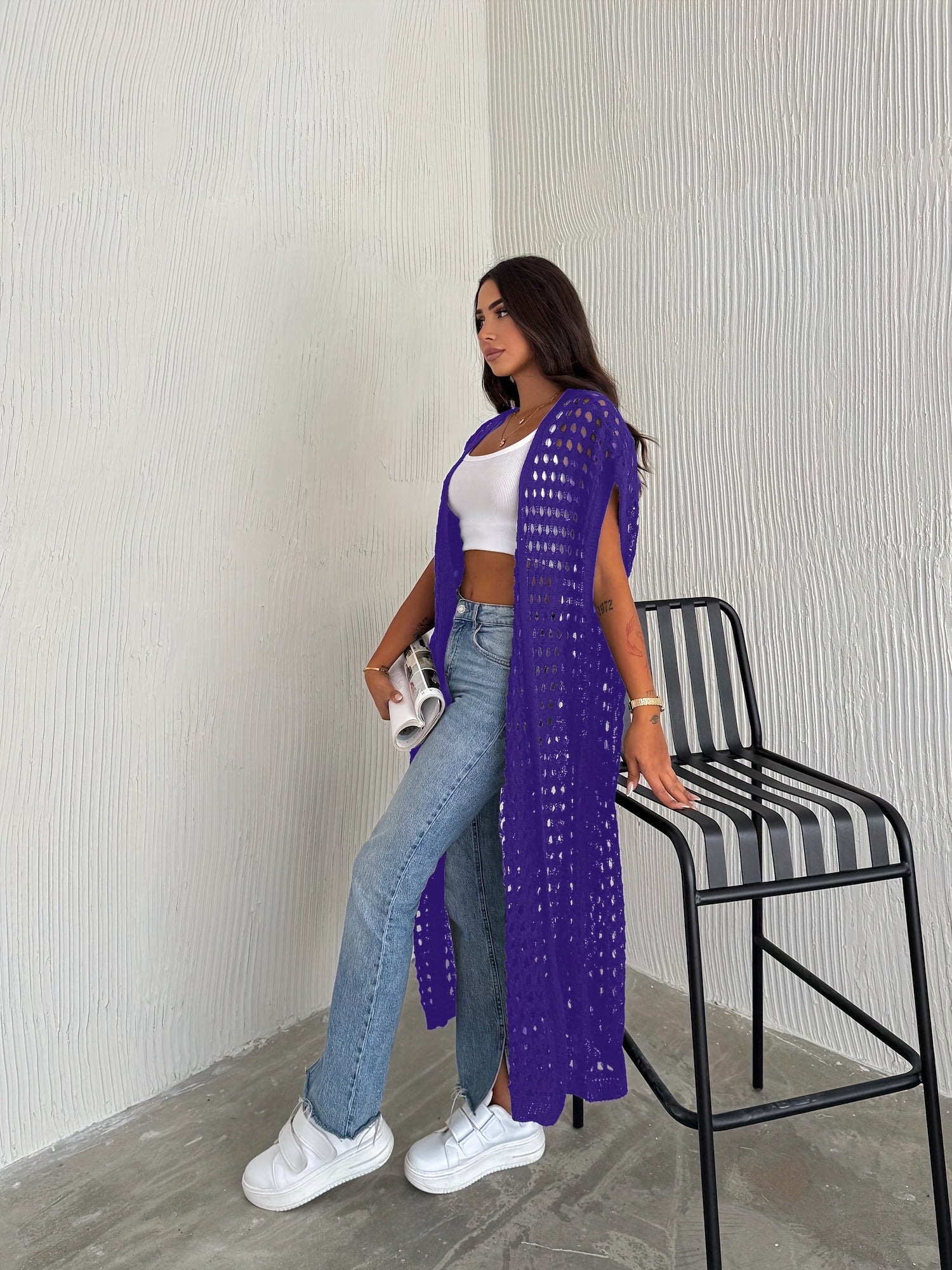 Crochet Lace Vest Sleeveless Long Beach Vest Women's Solid Color Crochet Lace Cardigan (Bikini Not Included)