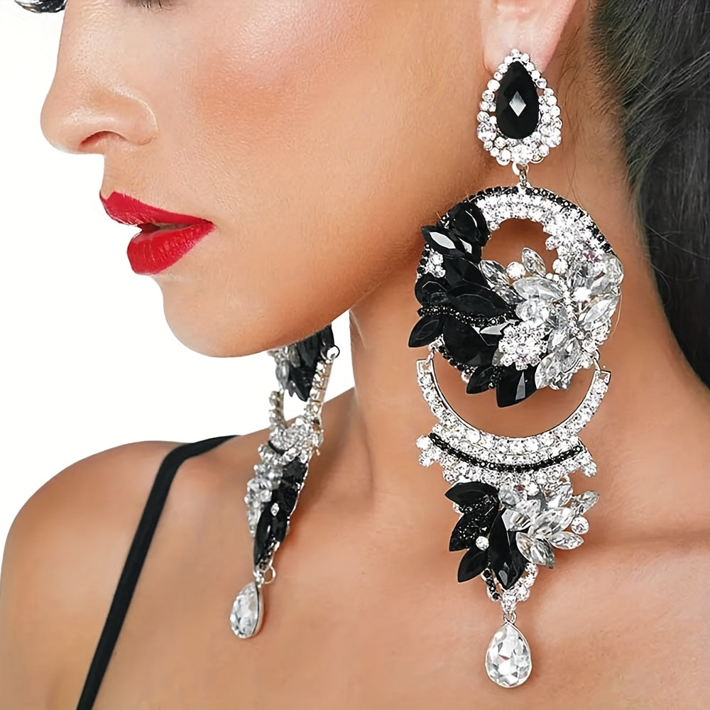 Elegant Vintage-Inspired Black Rhinestone Dangle Earrings for Women - Sparkling Silver Plated Alloy, Perfect for Daily & Party Occasions, Everyday Earrings|Vintageinspired Earrings|Dangle Earring Design, Earrings for Women