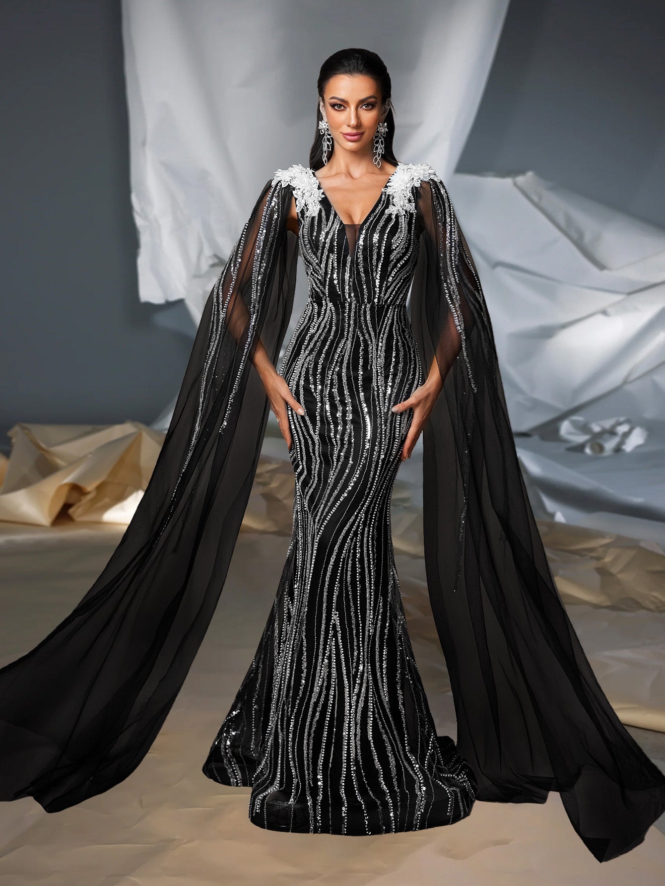 Elegant Black V-Neck Gown with White Floral Embellishments and Flowing Sleeves - Beaded Long Evening Dress for Women, Perfect for Formal Events, Formal Evening Wear | Sophisticated Style | Intricate Beadwork