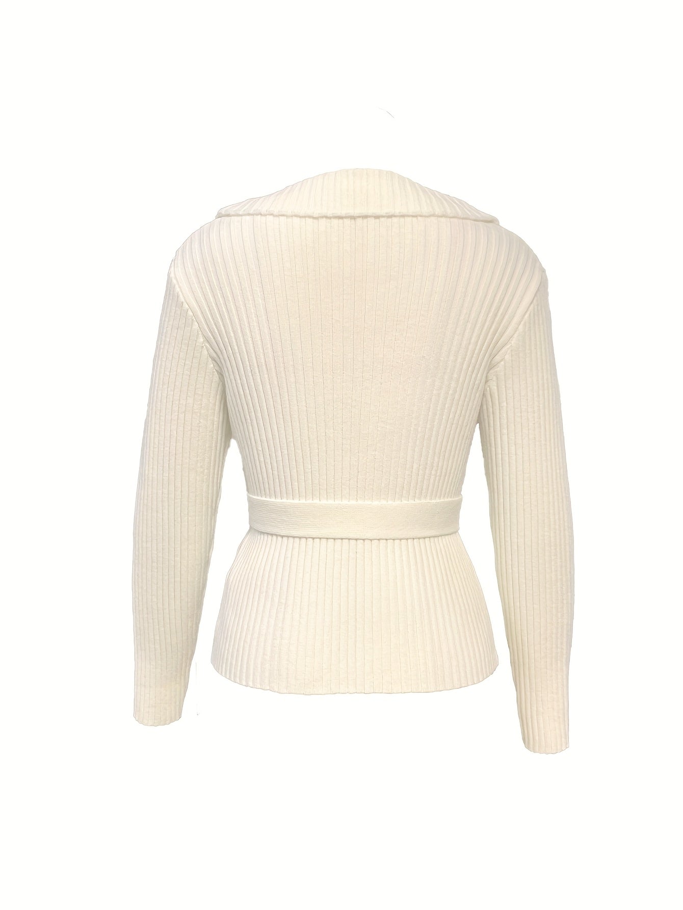 Chic White Collared Sweater Jacket for Women - Elegant Long Sleeve, Button-Up Front, Cinched Waist, Medium Stretch, Perfect for Fall\u002FWinter, Stylish Outerwear|Sophisticated Style| Construction