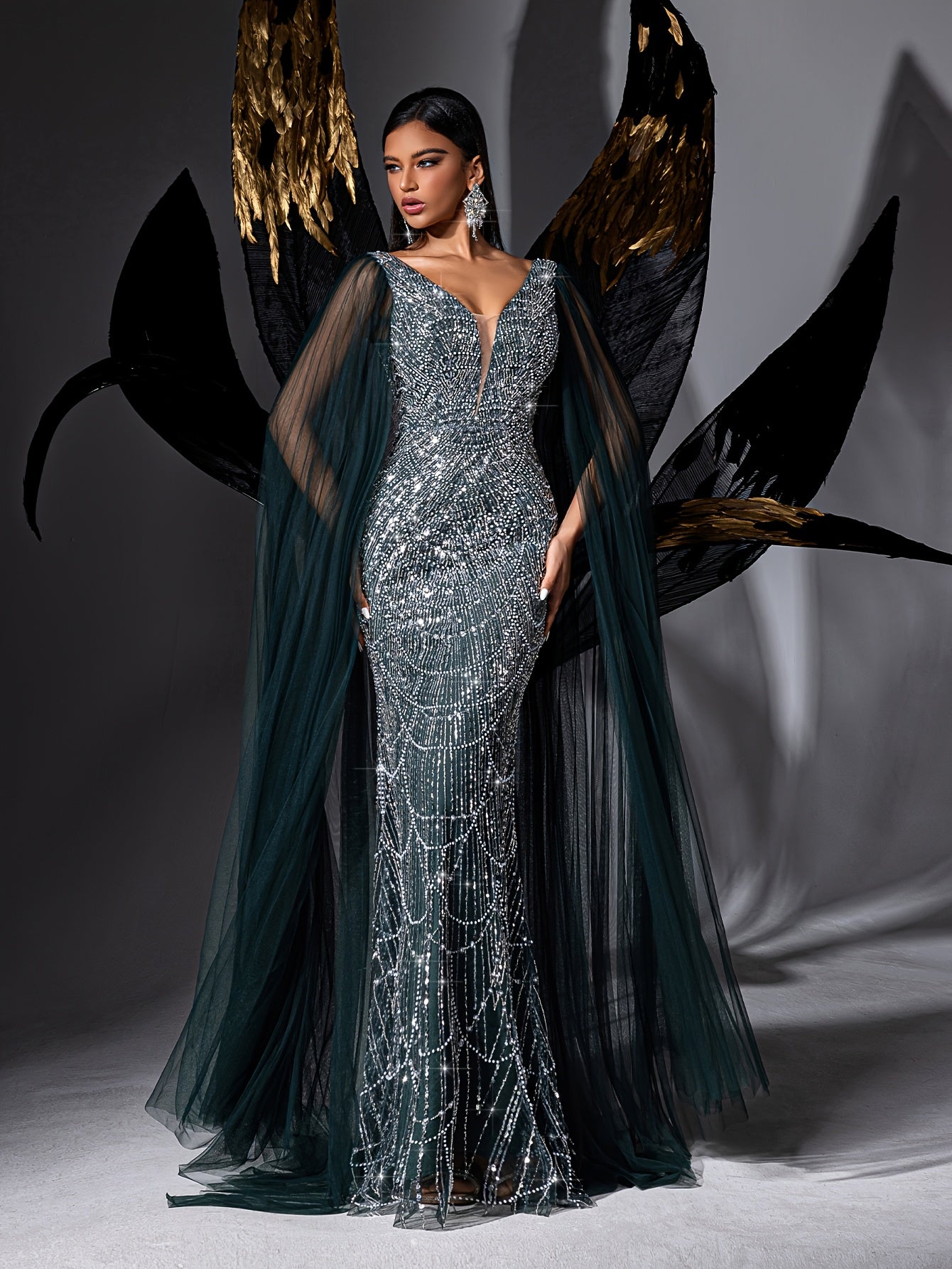 Evening Dress Women's Mesh Shawl Deep V-Neck Bodycon High-Waisted Long Train Skirt Suitable for Banquet Party