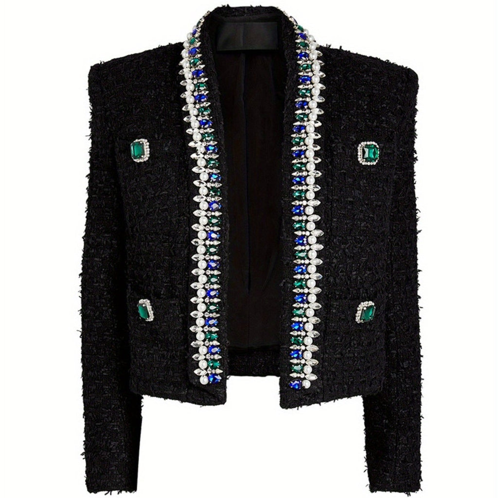 Black high-end heavy industry beaded jacket, teacher outfits for women, outfits for teachers, business casual outfits for women