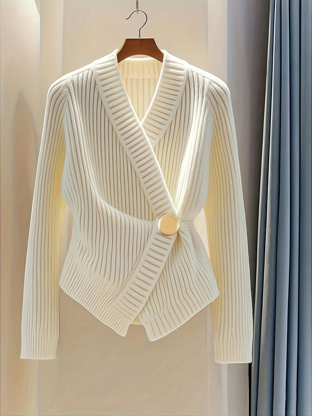 Women's Elegant Asymmetrical V-Neck Cardigan - Slim Fit Long Sleeve Sweater with Waist Accent, Machine Washable All-Season Top for Casual & Formal Wear, Cardigan Sweater, Formal Sweater, Sleek Fabric, Smooth Texture