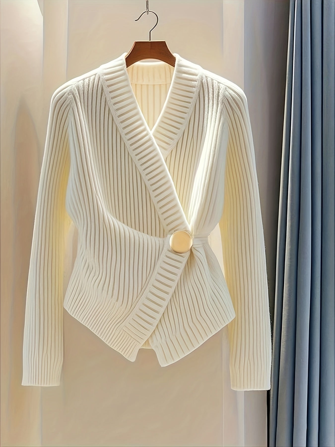 Women's Elegant Asymmetrical V-Neck Cardigan - Slim Fit Long Sleeve Sweater with Waist Accent, Machine Washable All-Season Top for Casual & Formal Wear, Cardigan Sweater, Formal Sweater, Sleek Fabric, Smooth Texture