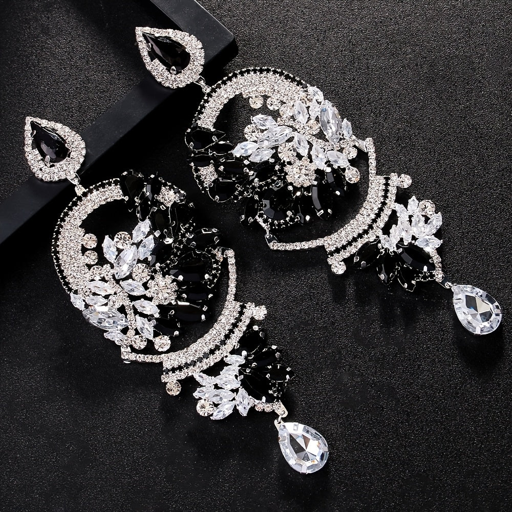 Elegant Vintage-Inspired Black Rhinestone Dangle Earrings for Women - Sparkling Silver Plated Alloy, Perfect for Daily & Party Occasions, Everyday Earrings|Vintageinspired Earrings|Dangle Earring Design, Earrings for Women