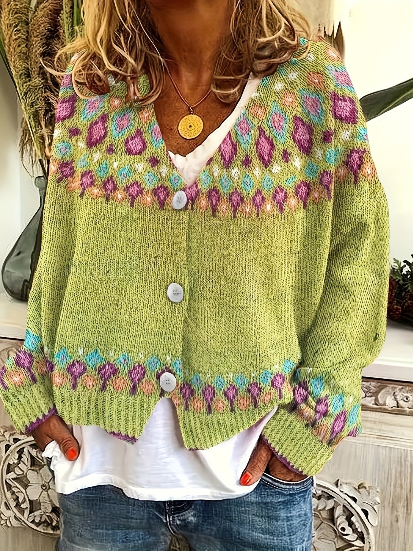 Stylish Green & Multicolor Geometric Pattern Knit Cardigan - Casual V-Neck, Polyester, Ideal for Fall\u002FWinter, Ladies Cardigans