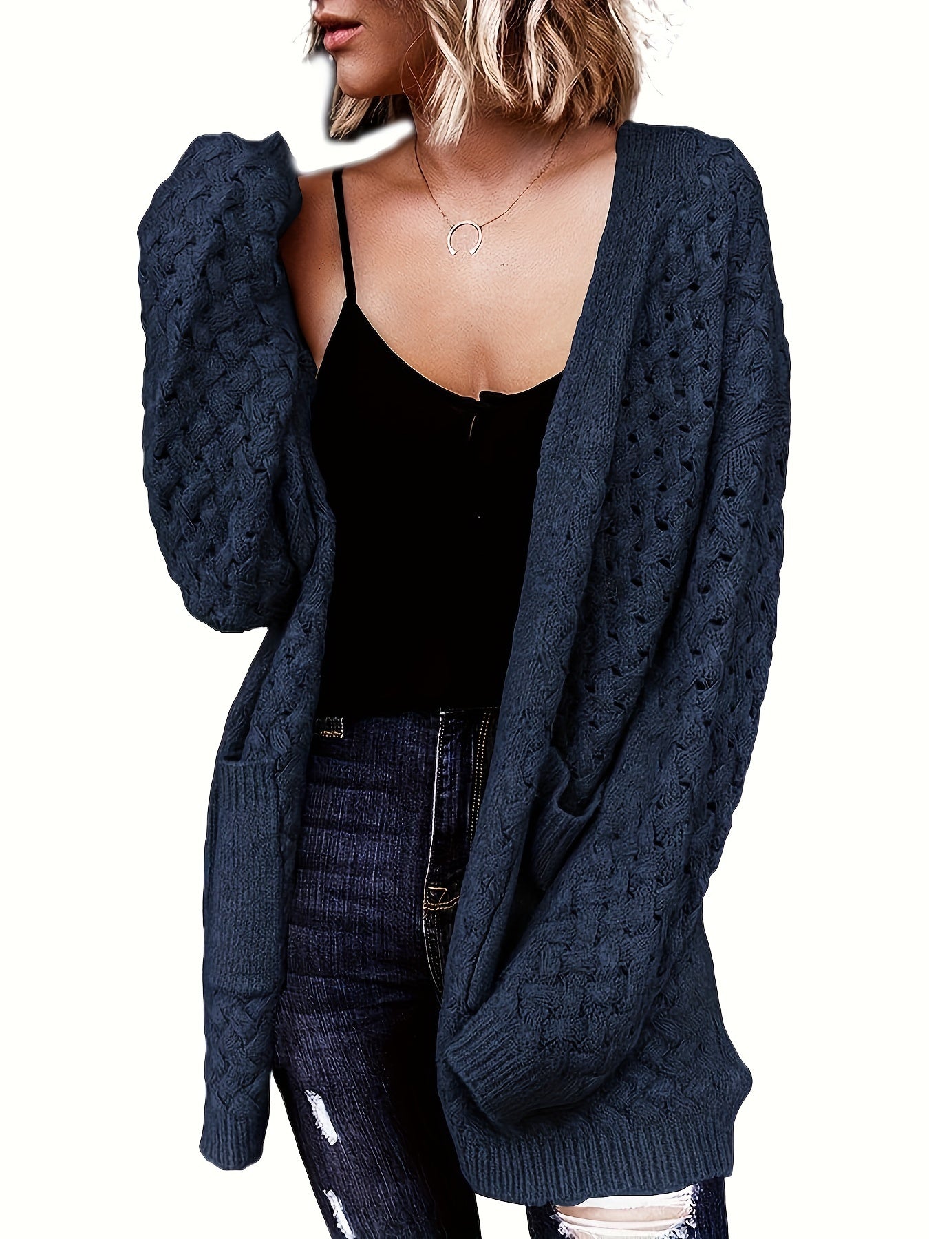 Women's Casual Longline Cardigan with Cross-Over Front Design - Open Front Button-Up Machine-Washable Sweater for Fall\u002FWinter Layering, Solid Color, Cardigan, Cozy Fall Apparel, Textured Knitwear
