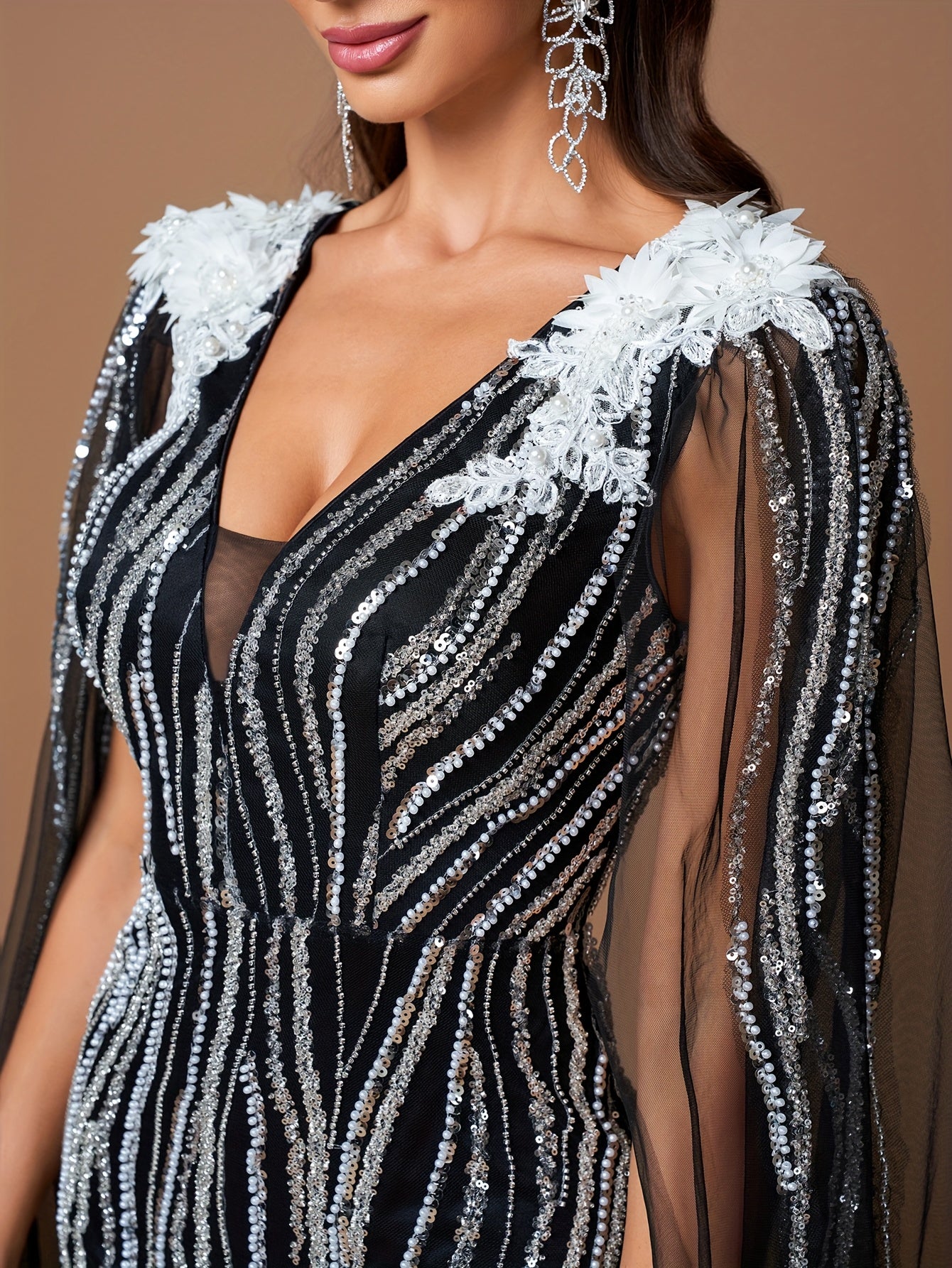 Elegant Black V-Neck Gown with White Floral Embellishments and Flowing Sleeves - Beaded Long Evening Dress for Women, Perfect for Formal Events, Formal Evening Wear | Sophisticated Style | Intricate Beadwork