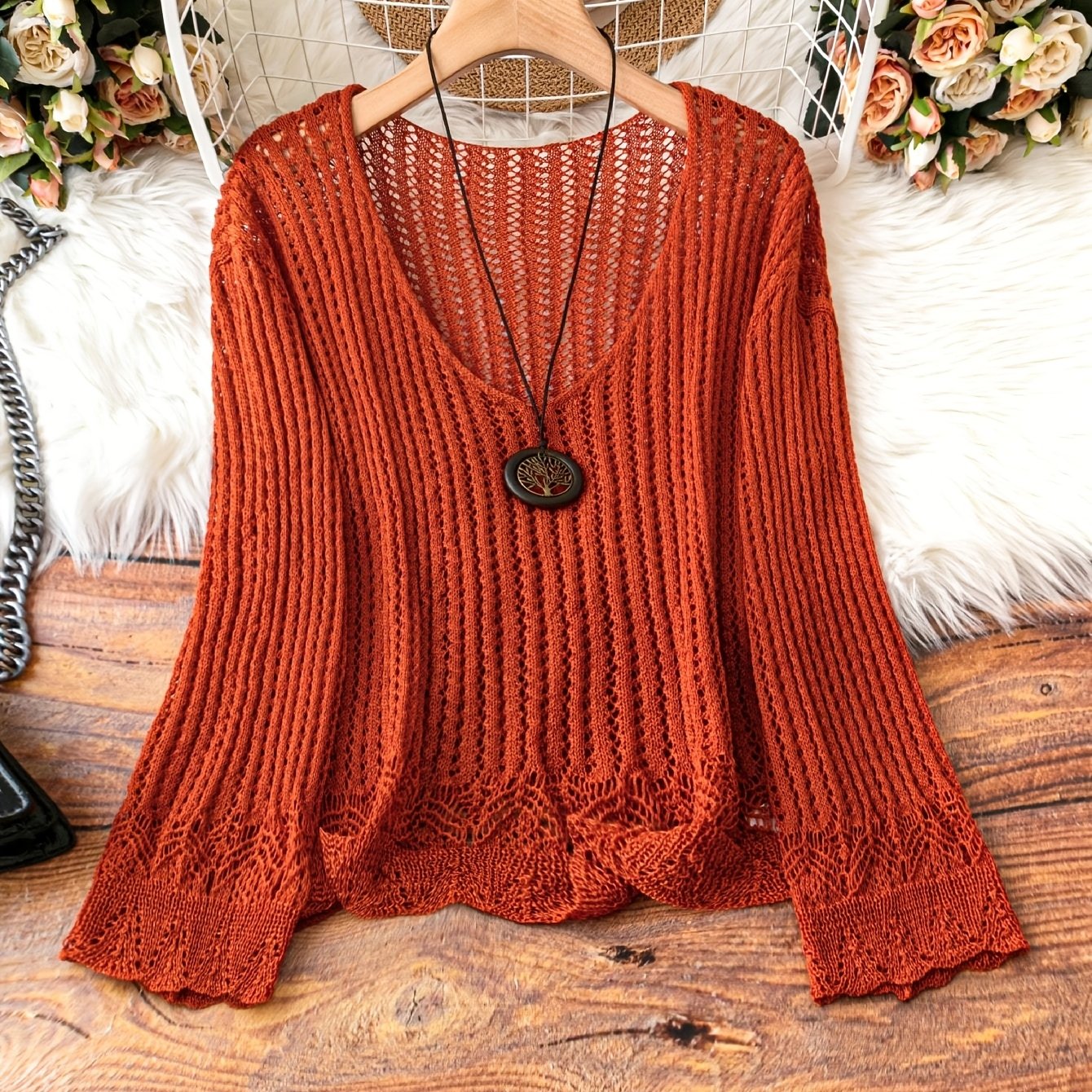 Breathable Openwork Sweater Breathable Openwork Pullover Sweater for Women | Loose Fit Long Sleeve, Deep V-Neck Design, Elegant Casual & Formal Outfits, Spring\u002FSummer Fashion, Stylish Layering Piece