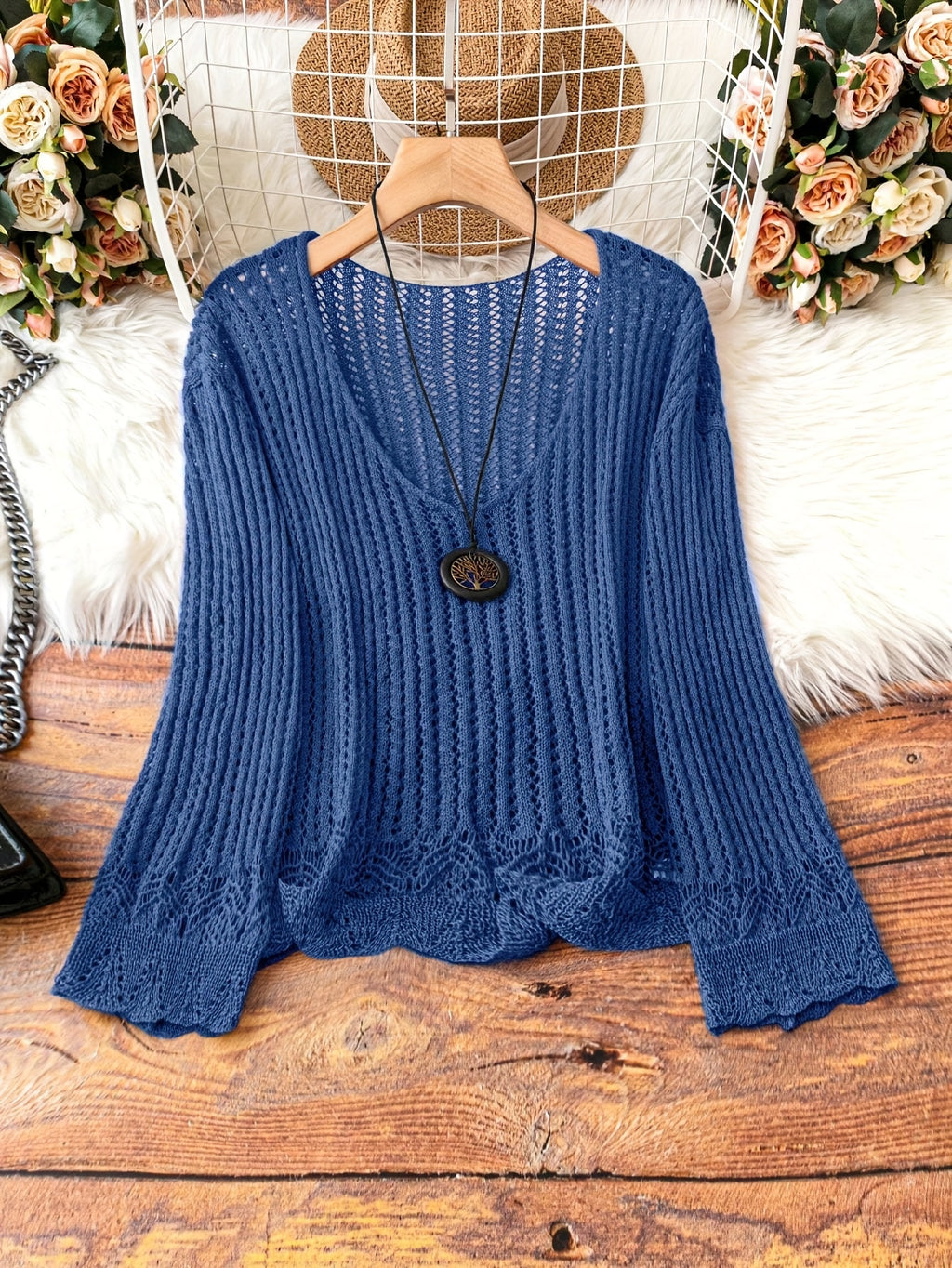 Breathable Openwork Sweater Breathable Openwork Pullover Sweater for Women | Loose Fit Long Sleeve, Deep V-Neck Design, Elegant Casual & Formal Outfits, Spring\u002FSummer Fashion, Stylish Layering Piece