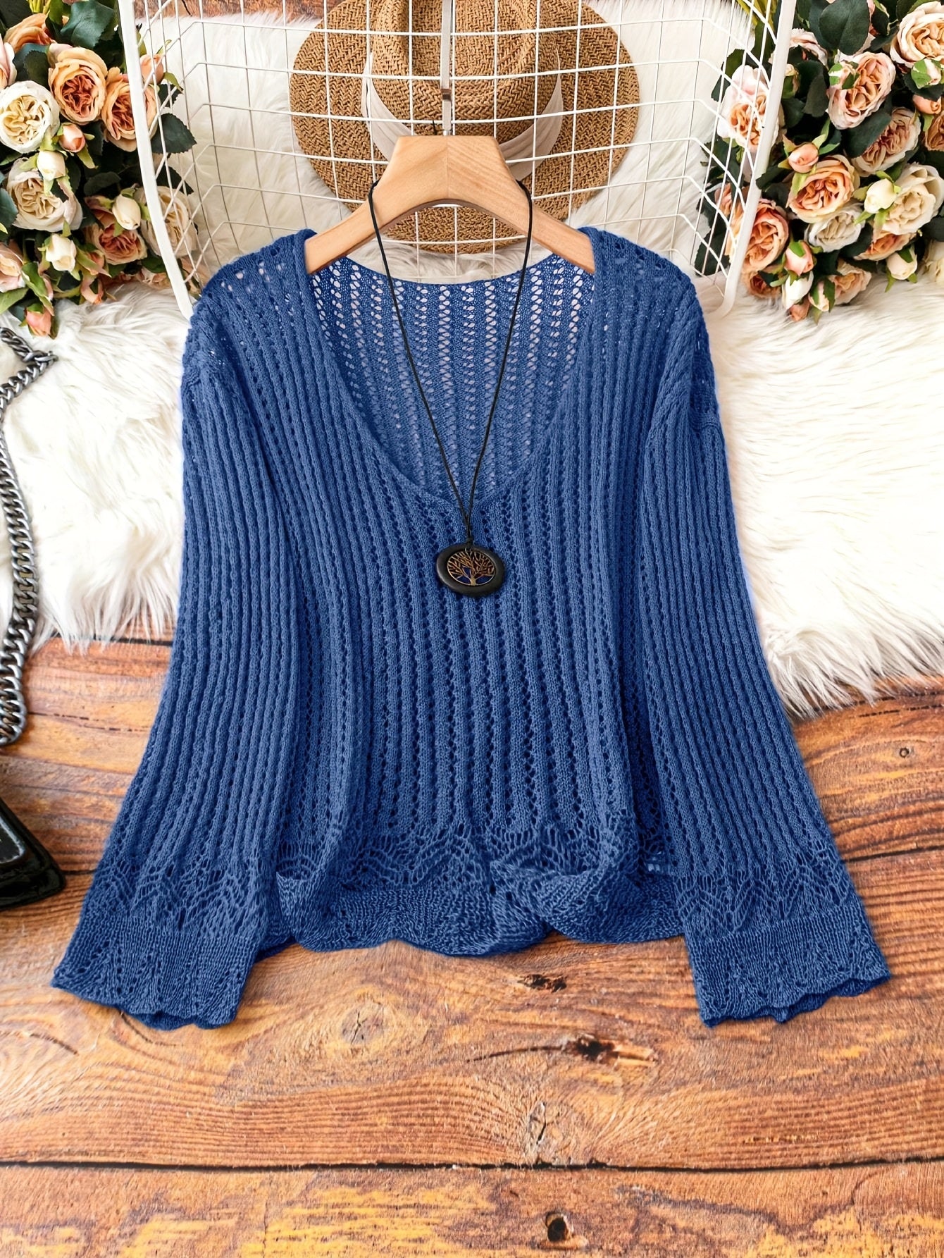 Breathable Openwork Sweater Breathable Openwork Pullover Sweater for Women | Loose Fit Long Sleeve, Deep V-Neck Design, Elegant Casual & Formal Outfits, Spring\u002FSummer Fashion, Stylish Layering Piece