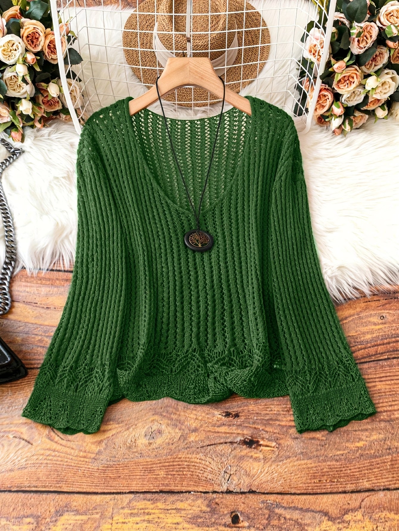 Breathable Openwork Sweater Breathable Openwork Pullover Sweater for Women | Loose Fit Long Sleeve, Deep V-Neck Design, Elegant Casual & Formal Outfits, Spring\u002FSummer Fashion, Stylish Layering Piece