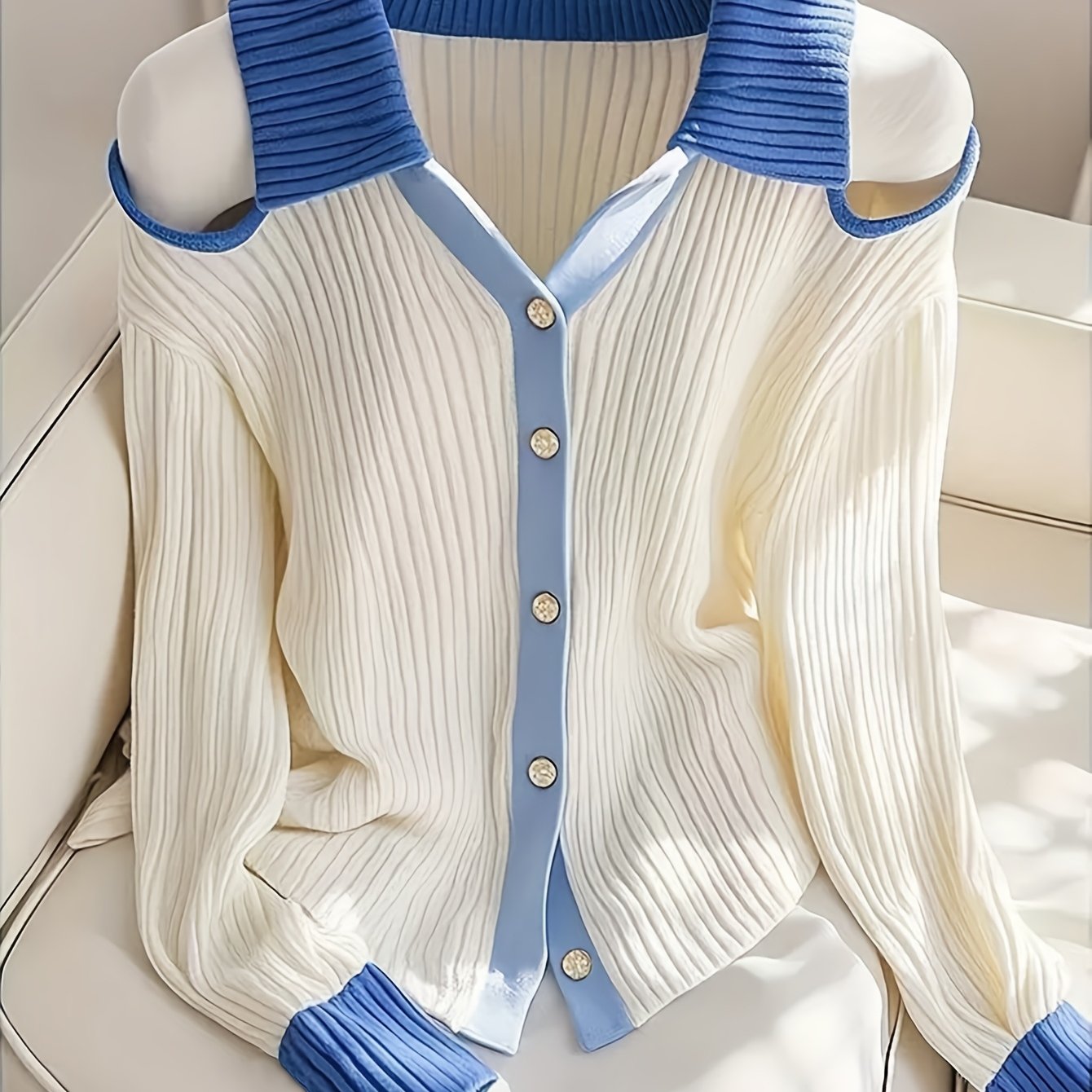 Color-blocked Knitwear Off-Shoulder Design Premium Top Fashionable Trendy Layering Cardigan Long-Sleeve T-Shirt