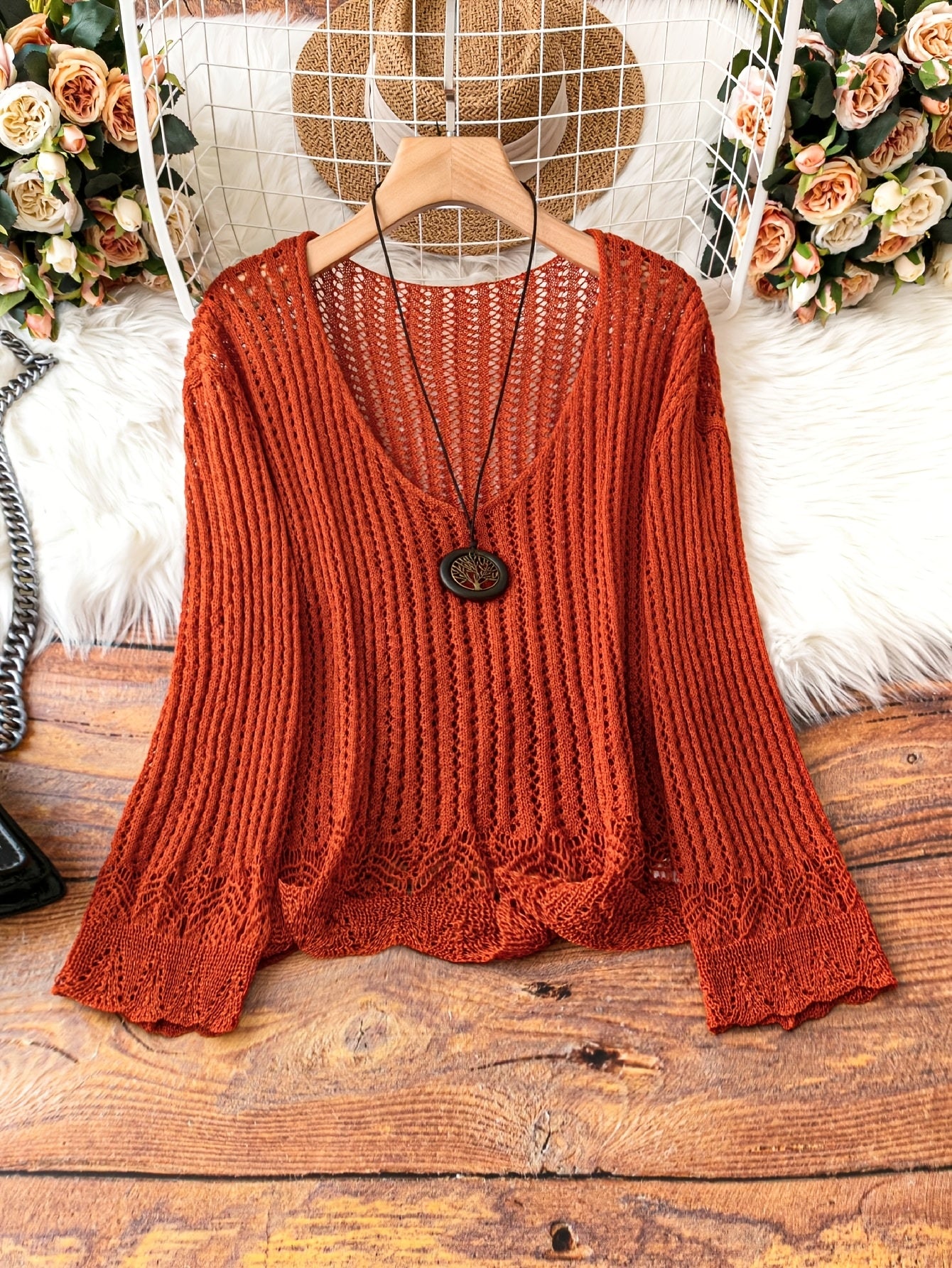 Breathable Openwork Sweater Breathable Openwork Pullover Sweater for Women | Loose Fit Long Sleeve, Deep V-Neck Design, Elegant Casual & Formal Outfits, Spring\u002FSummer Fashion, Stylish Layering Piece