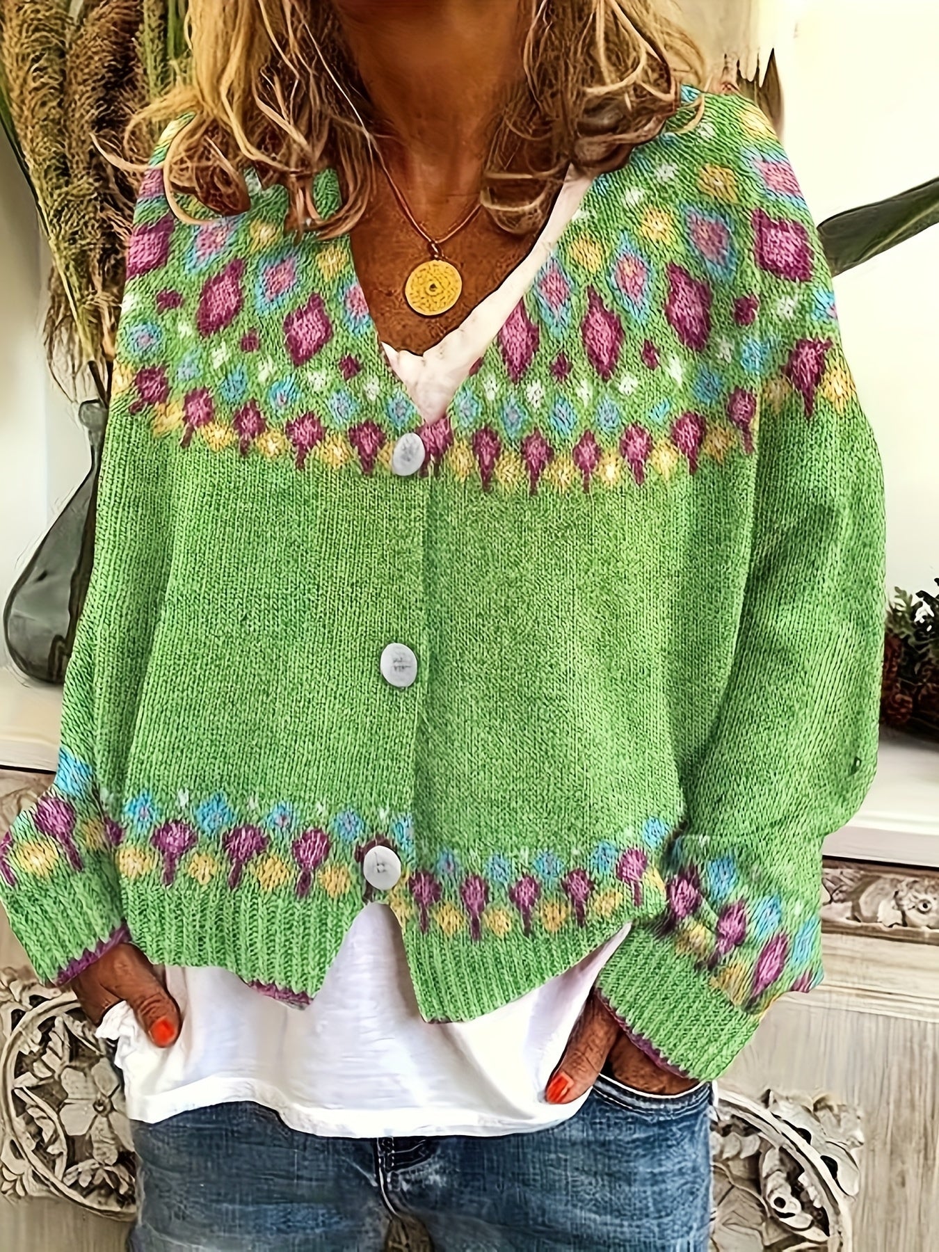 Stylish Green & Multicolor Geometric Pattern Knit Cardigan - Casual V-Neck, Polyester, Ideal for Fall\u002FWinter, Ladies Cardigans