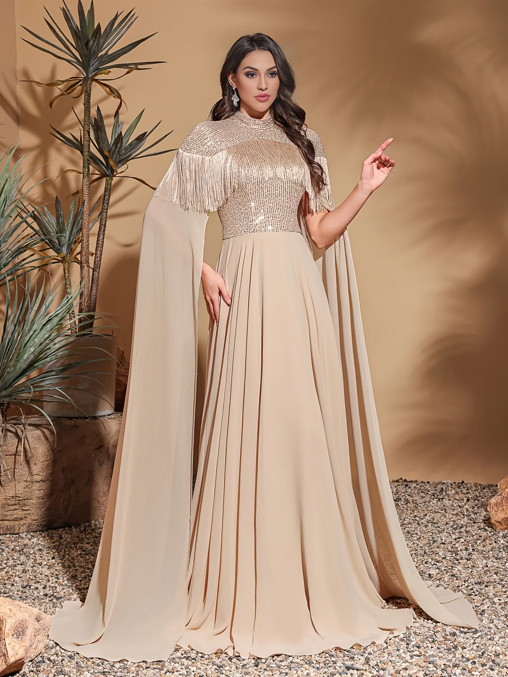 Elegant Chiffon Long Gown with Sequin Detail, Floor-Length Sleeves, and Tassel Detail - Beige, Polyester, Adult, Formal Event, Party Dres